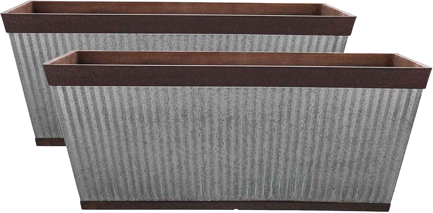 Southern Patio 24 Inch Westlake Outdoor Deck Rail Textured Resin Garden Flower Herb Planter w/ UV Protectors, Rustic Galvanized (2 Pack)