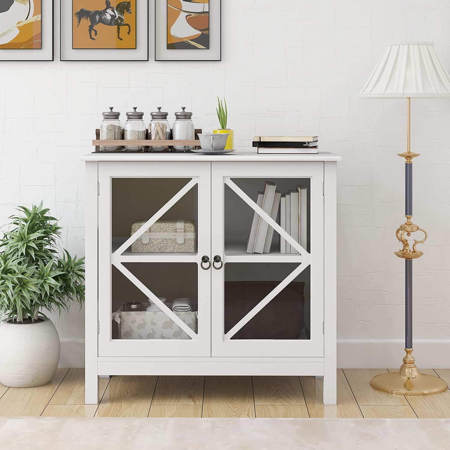 RASOO Sideboard Cabinet with Glass Doors - Buffet Storage for Home, Kitchen, Dining Room - Cupboard Console Table, Espresso (White)