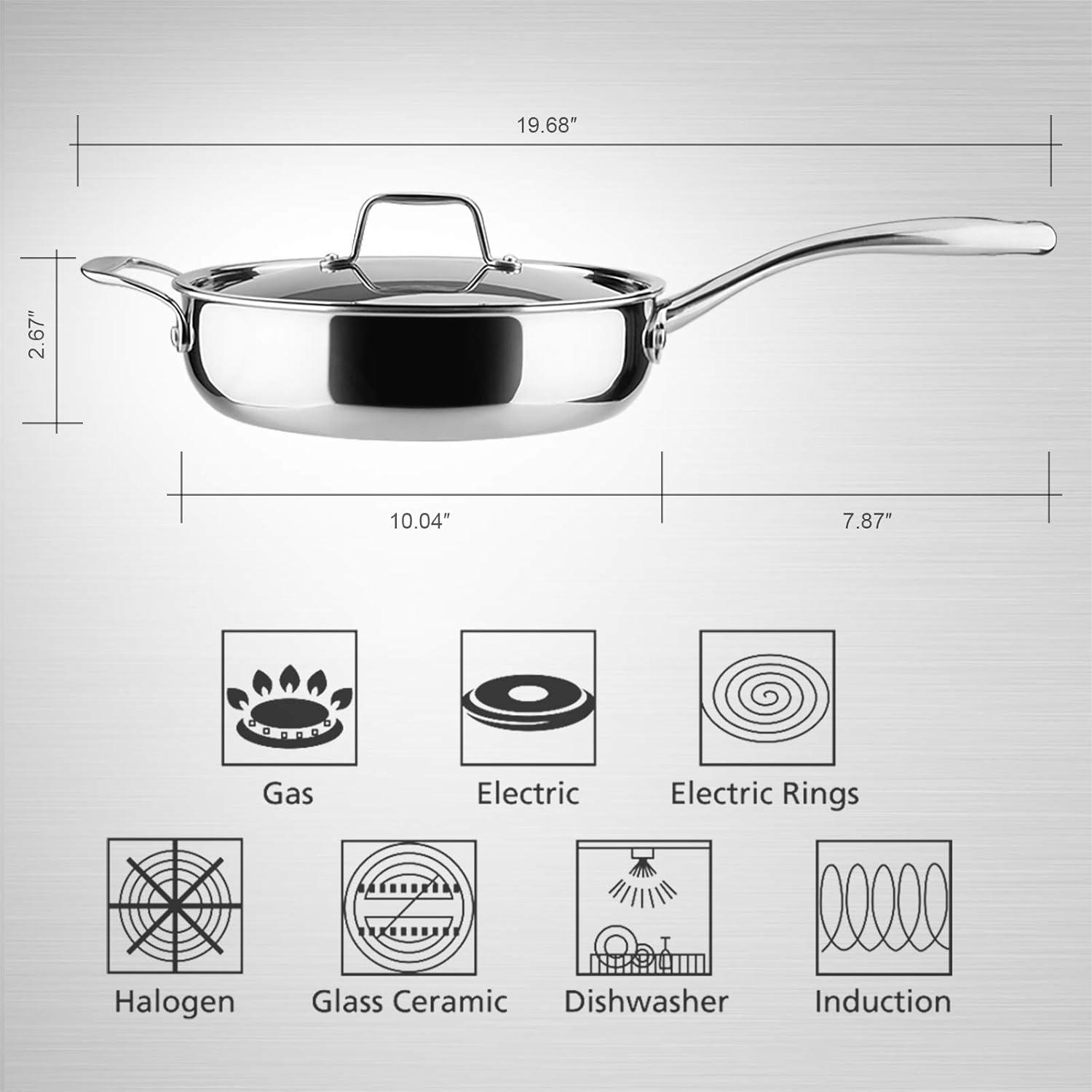 Duxtop 3 Quart Stainless Steel Tri-Ply Saute Pan with Lid