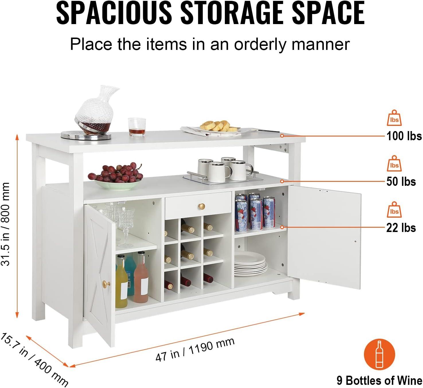 White 47'' Industrial Bar Cabinet with Wine Rack and LED Lights