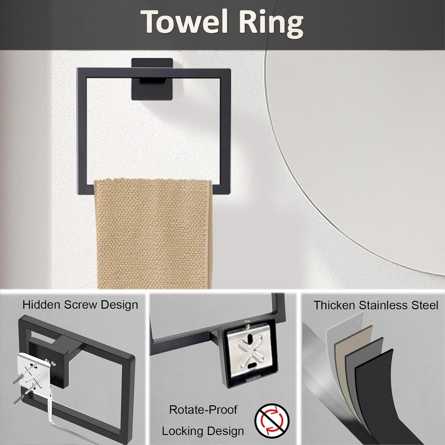 5 Pieces Square Matte Black Stainless Steel Bathroom Accessories Set Include 23.6 in Towel Bar, Toilet Paper Holder, Towel Ring, 2 Robe Towel Hooks