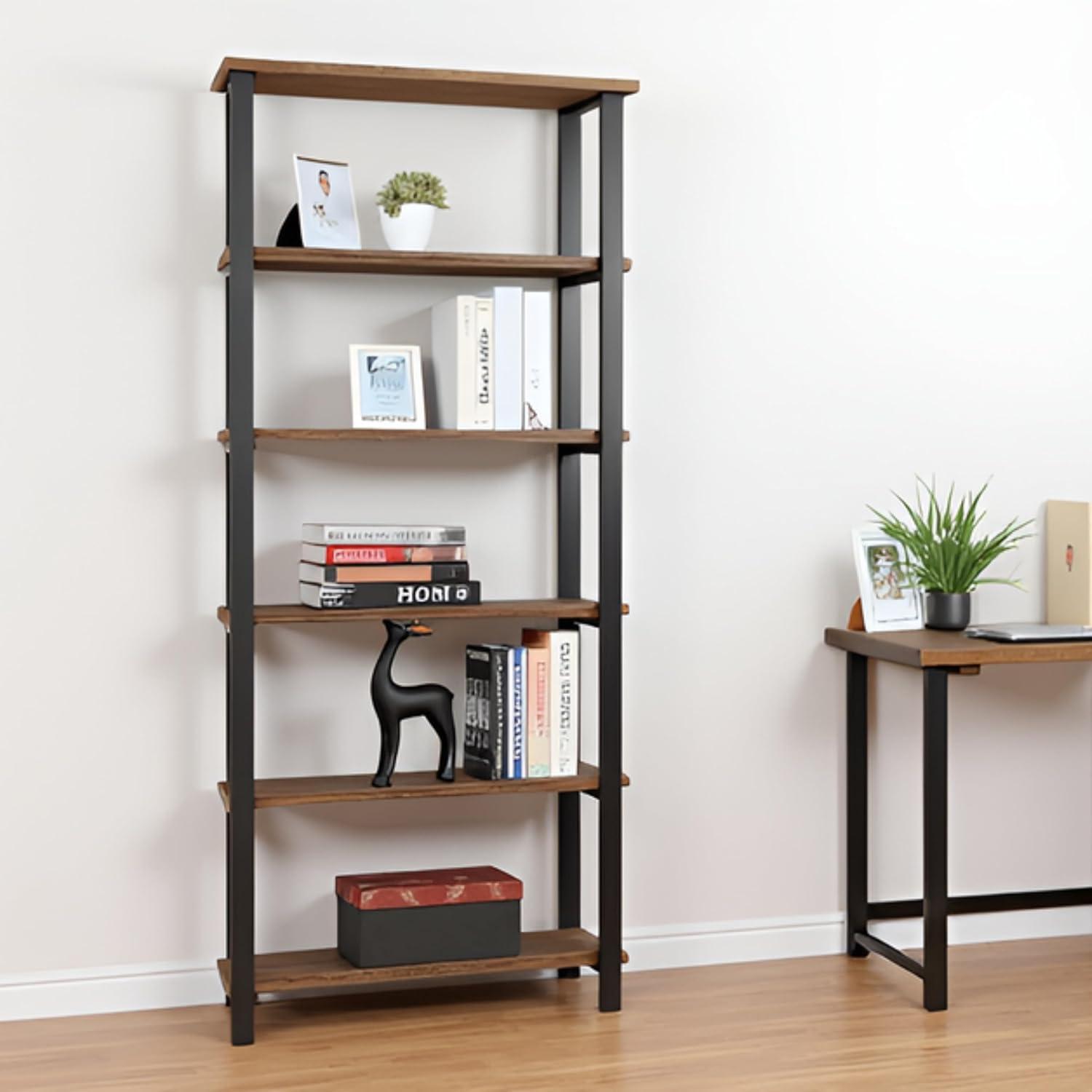 Alaterre Furniture Pomona 70 in. Tall 5-Shelf Solid Pine Wood & Metal Bookcase, Bookshelf for Home Office, Living Room or Bedroom, Natural