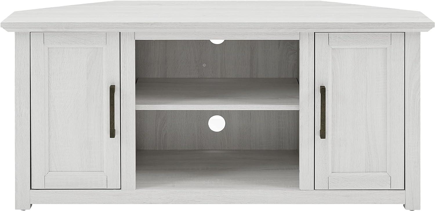 Whitewash Corner TV Stand with Cabinets and Open Storage