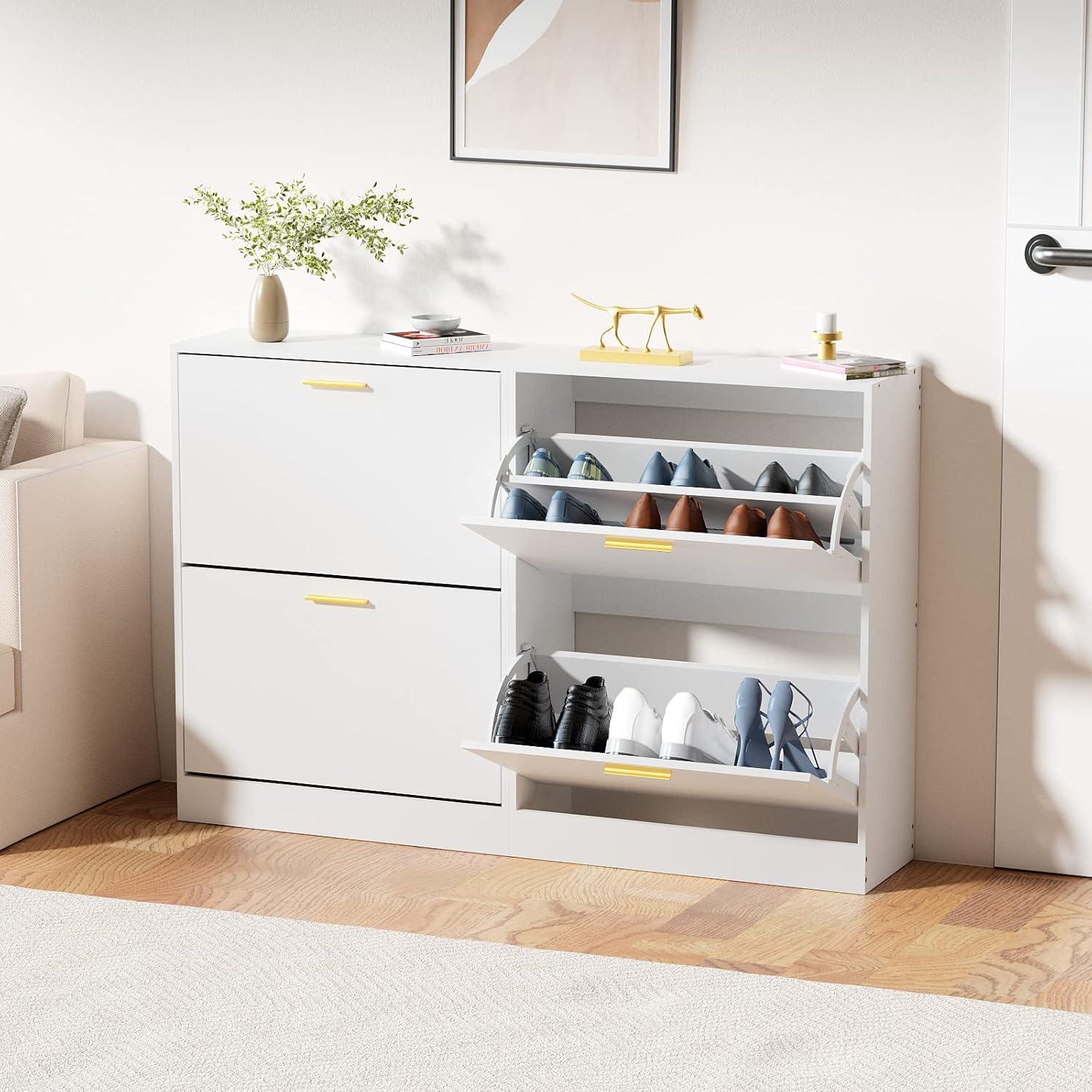 Shoe Cabinet Storage for Entryway  Freestanding Slim Shoe Organizer Cabinet with 2 Flip Drawers  Narrow Shoe Rack with Open Shelves for Hallway  Living Room  White