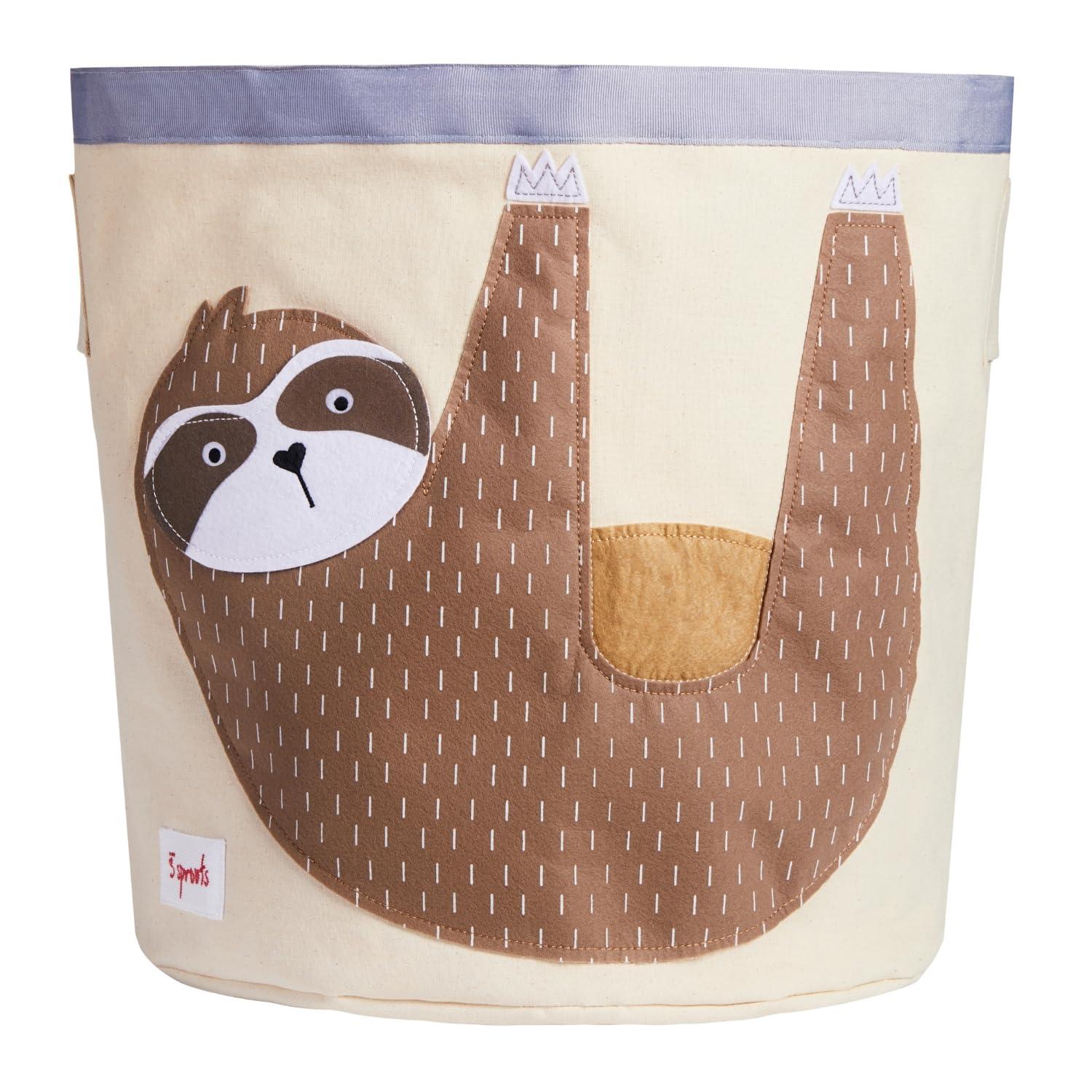 Large Beige and Brown Canvas Kids Toy Storage Basket with Sloth Design