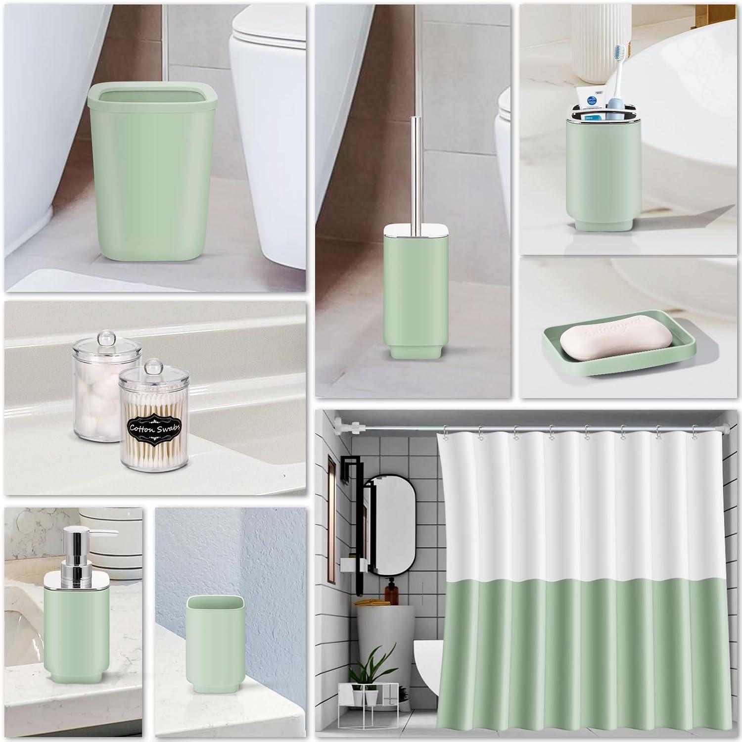 Green Plastic 9-Piece Bathroom Accessories Set with Labels
