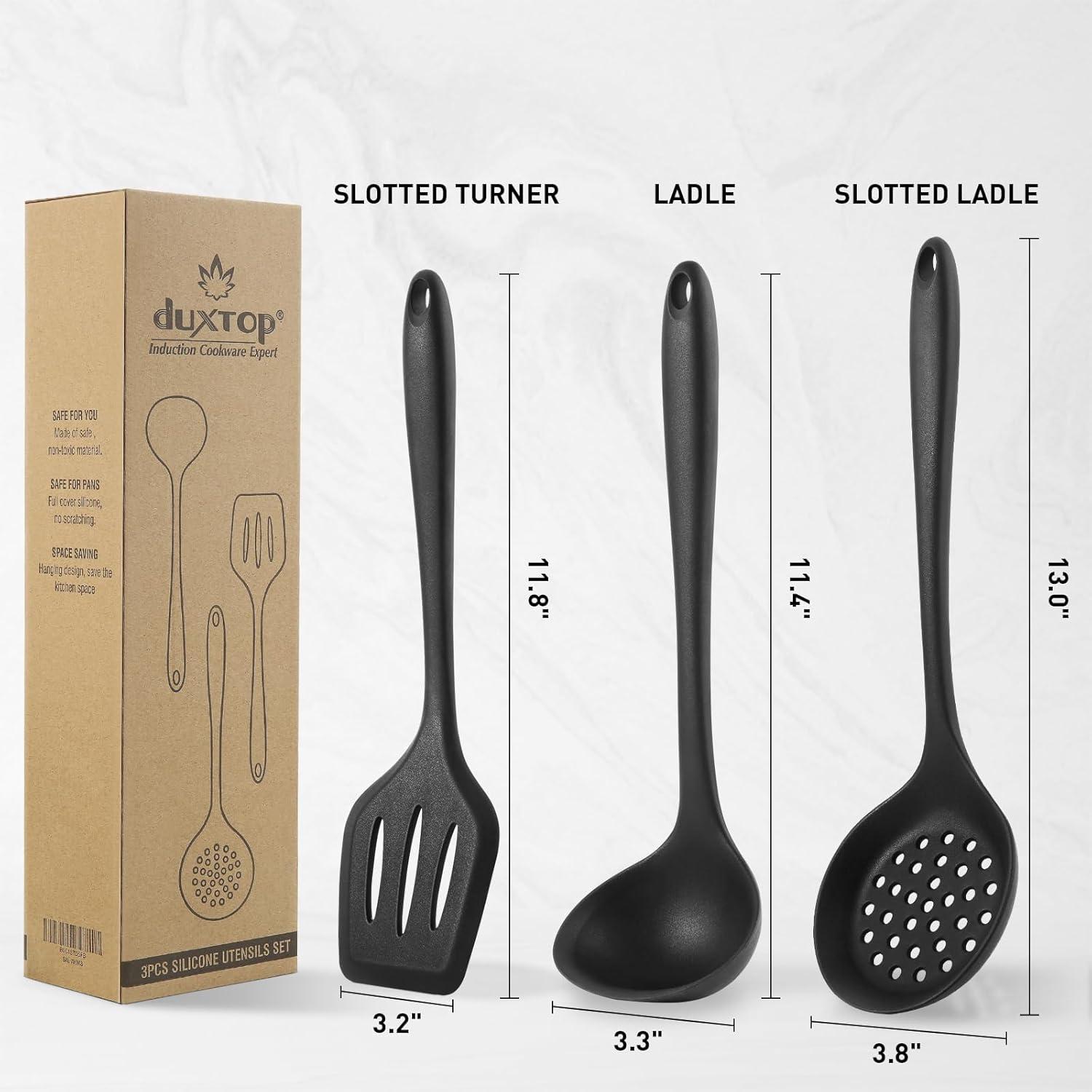 Duxtop Silicone Cooking Utensils Set 3 PCS Kitchen Utensils Set - 400 °F Heat-Resistant Utensils for Nonstick Cookware, Kitchen Cooking Tools with Turner & Ladle, Dishwasher Safe, BPA Free, Black C49