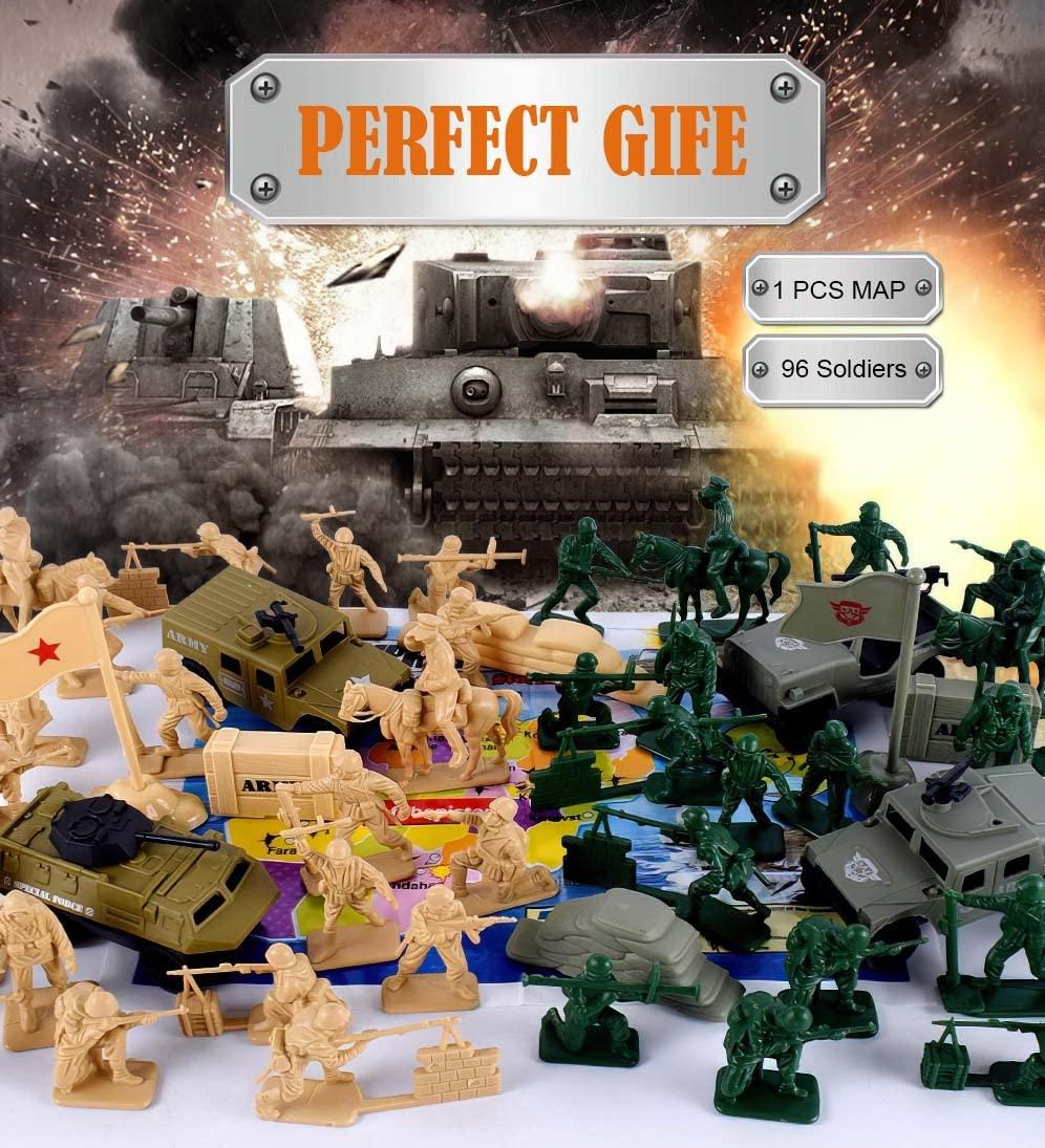 96 Pcs WWII Soldiers - Various Pose Army Men Action Figures with Military Map, Two Colors Soldiers for Kids