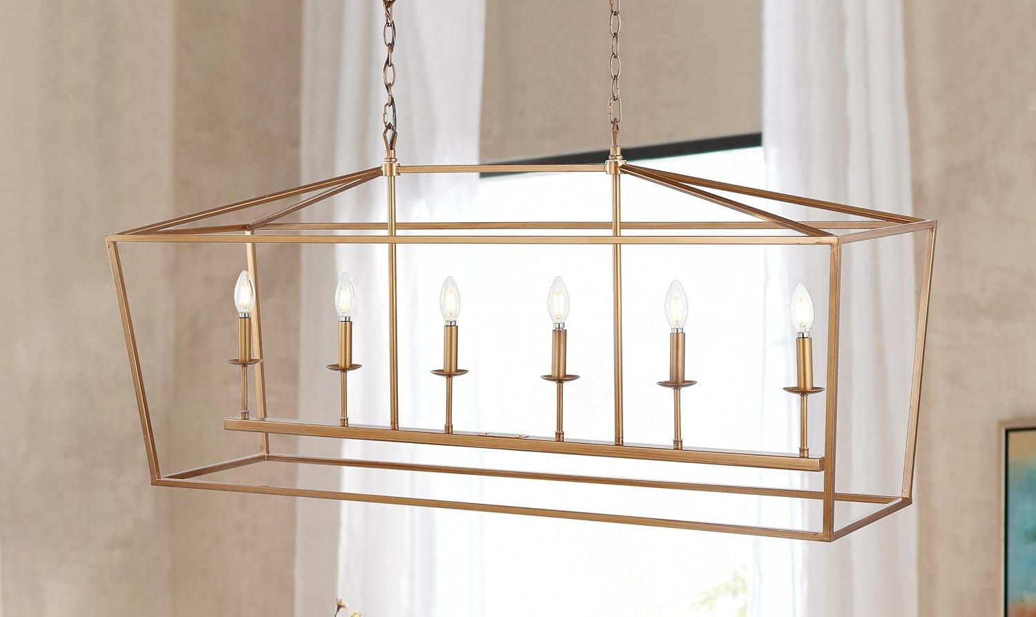 Pagoda 49" Linear 6-Bulb Lantern Metal LED Pendant, Antique Gold