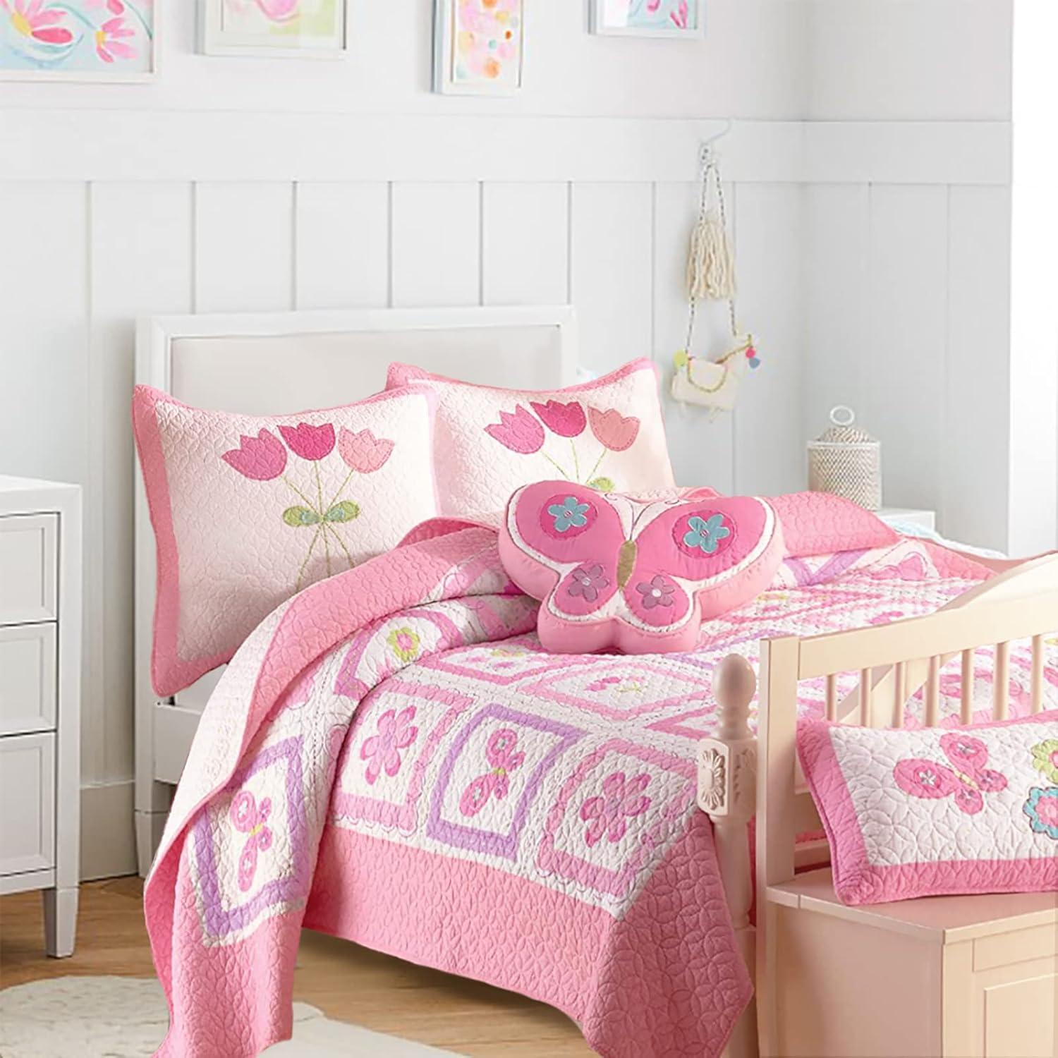 Pink and White Cotton Butterfly Floral Twin Quilt Set