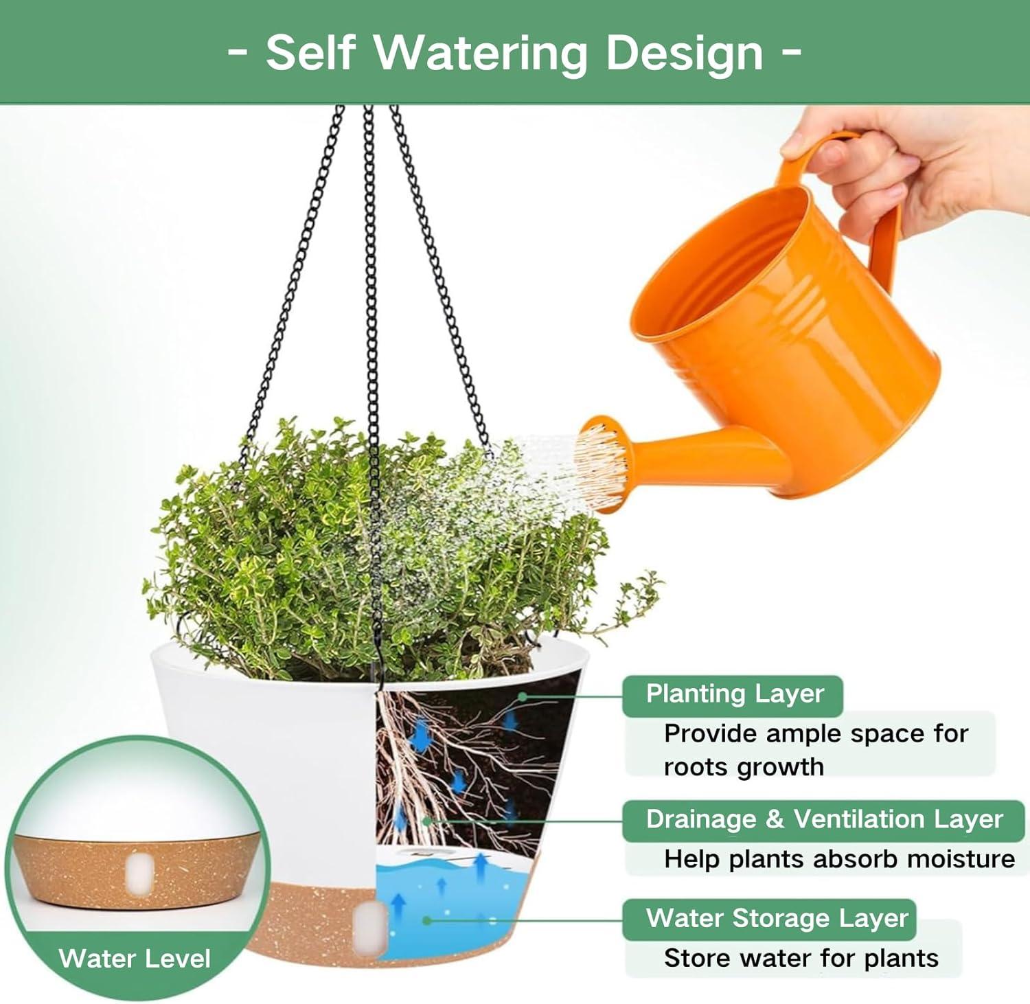 QCQHDU 2 Pack 10 inch White Plastic Hanging Planters with 3 Hooks, Hanging Plant Pot Basket with Drainage Hole for Garden Home