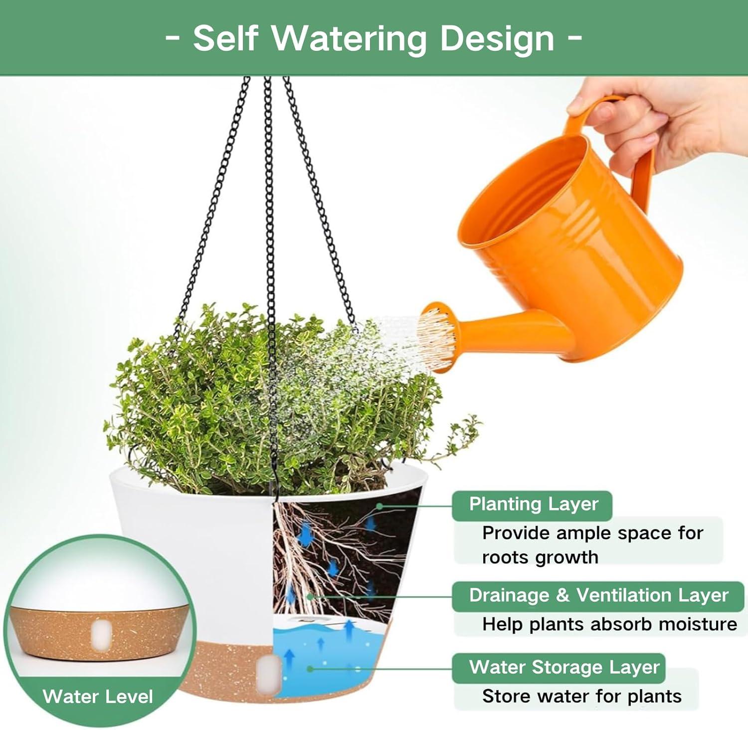 2 Pack 10 inch White Plastic Hanging Planters with 3 Hooks,Hanging Plant Pot Basket with Drainage Hole for Garden Home