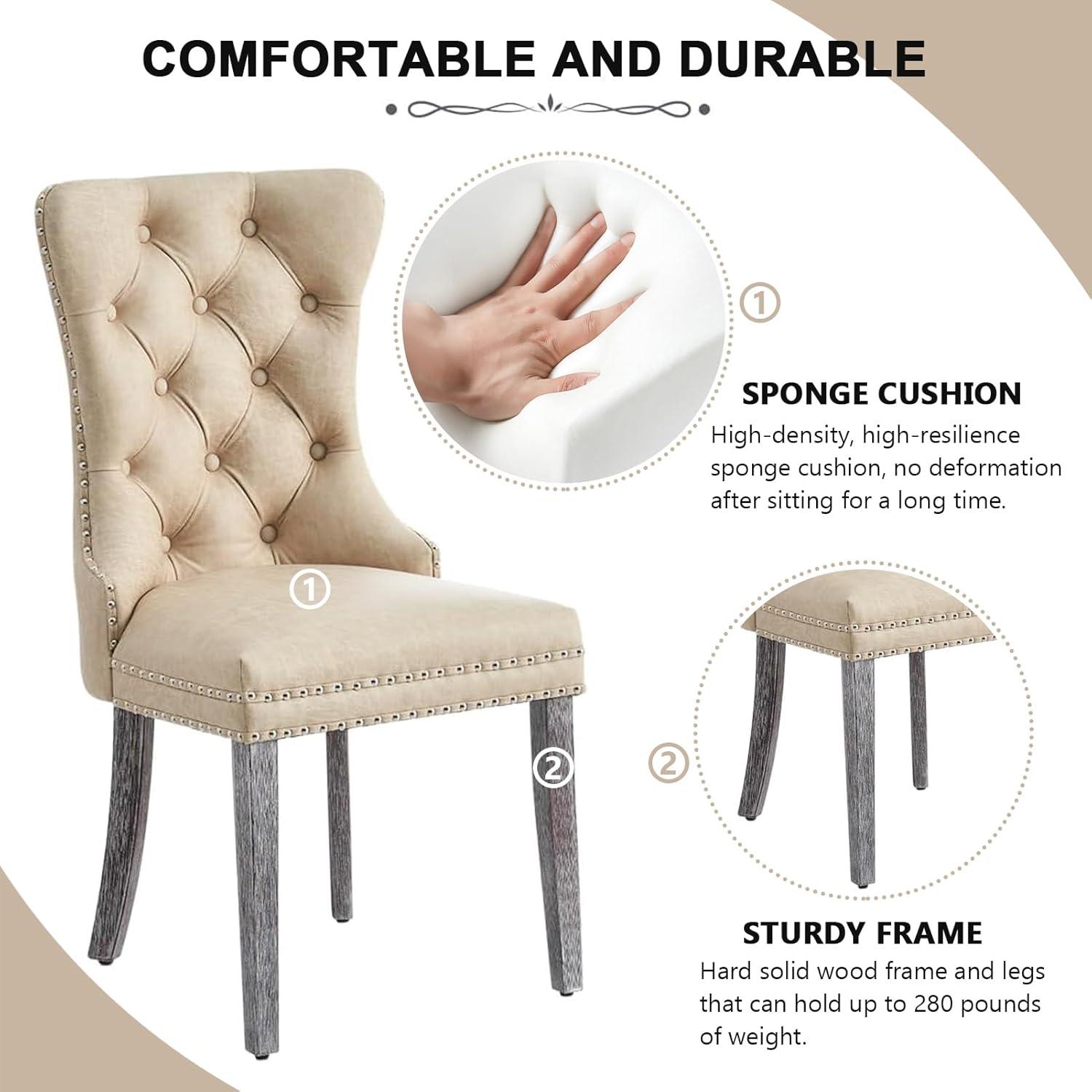 BELLEZE Upholstered Dining Chairs Set of 2, Velvet Luxury Dining Room Chairs with Button Back, Nailhead Trim, Pull-ring, Solid Wood Legs for Kitchen, Living Room, Restaurant - Chandler (Beige)