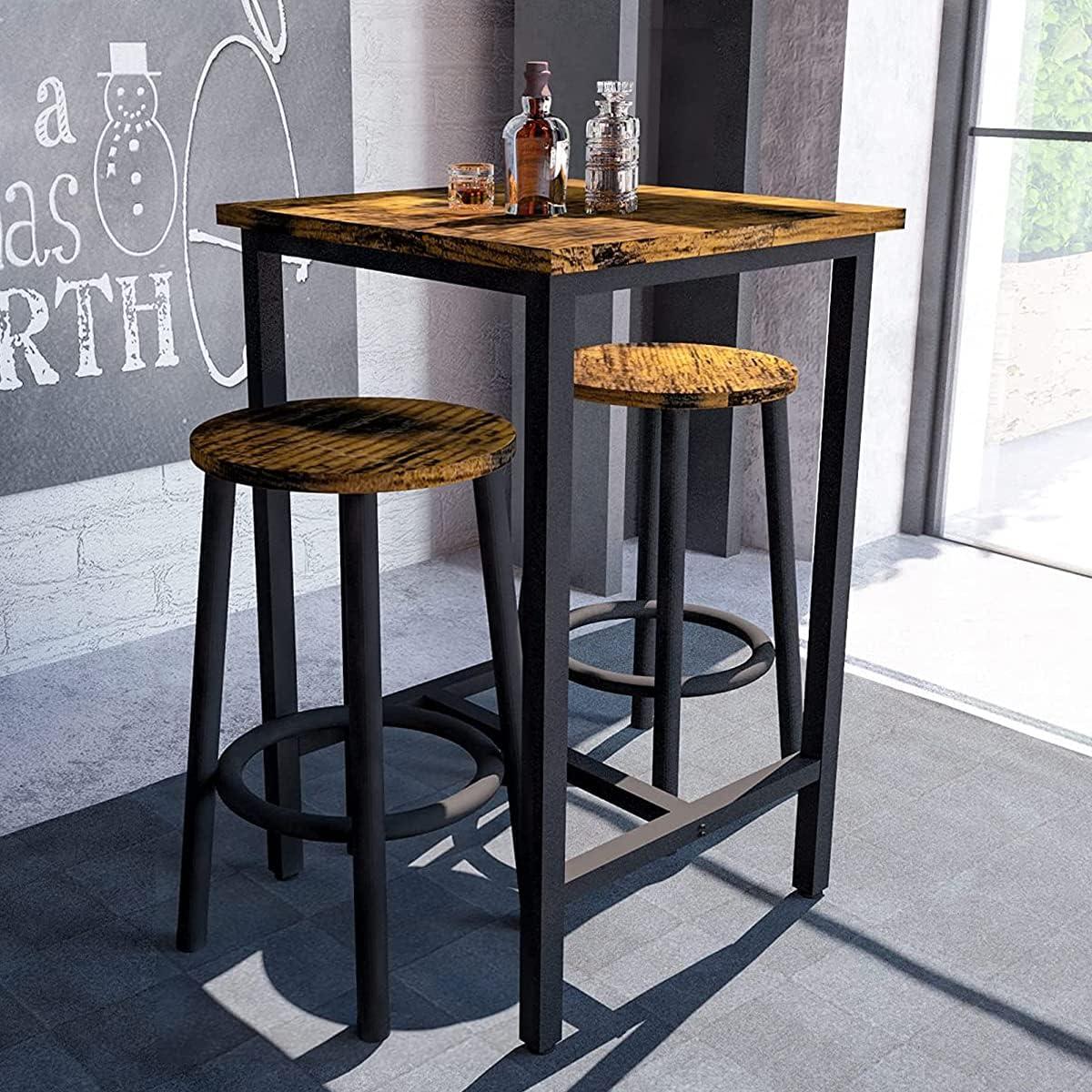 Rustic Brown Square Pub Table Set with Metal Frame and 2 Stools