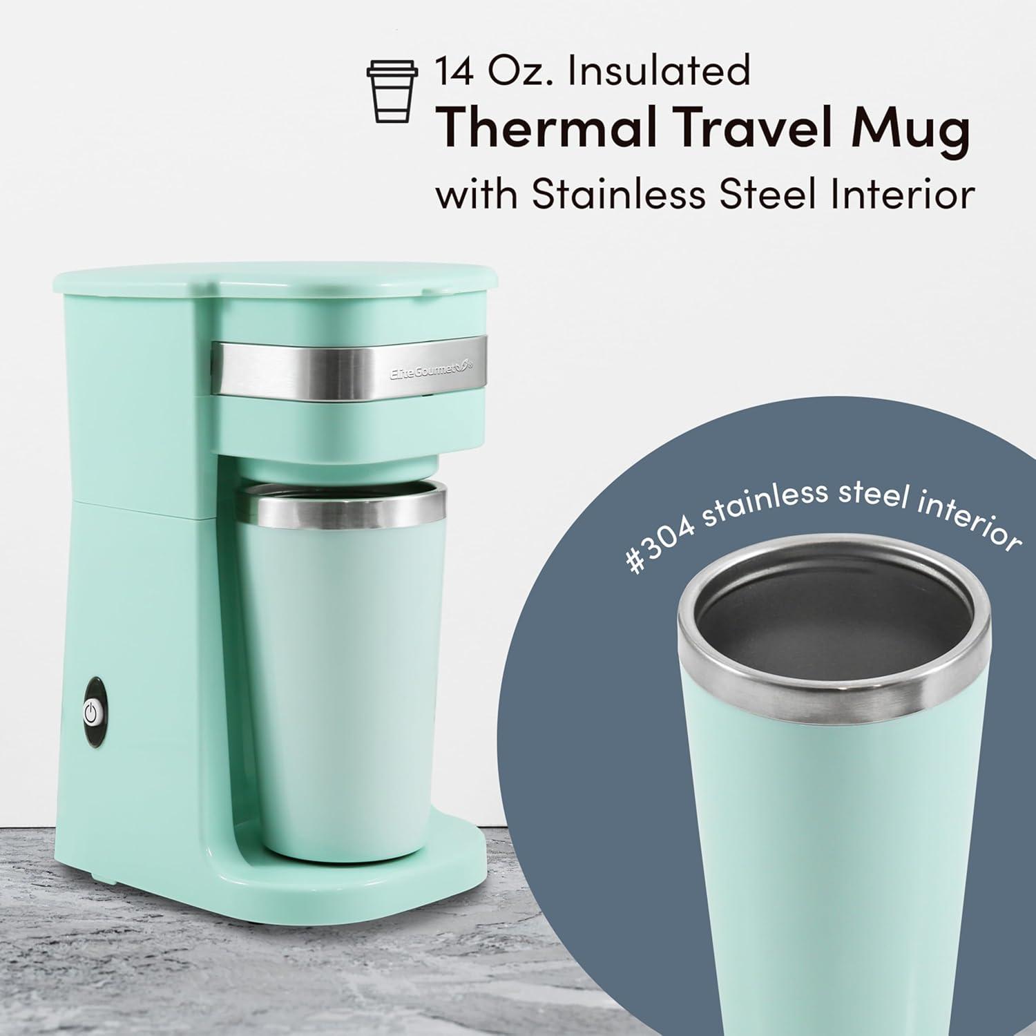 Elite Gourmet Personal Coffee Maker with Stainless Steel Interior Travel Mug, Mint