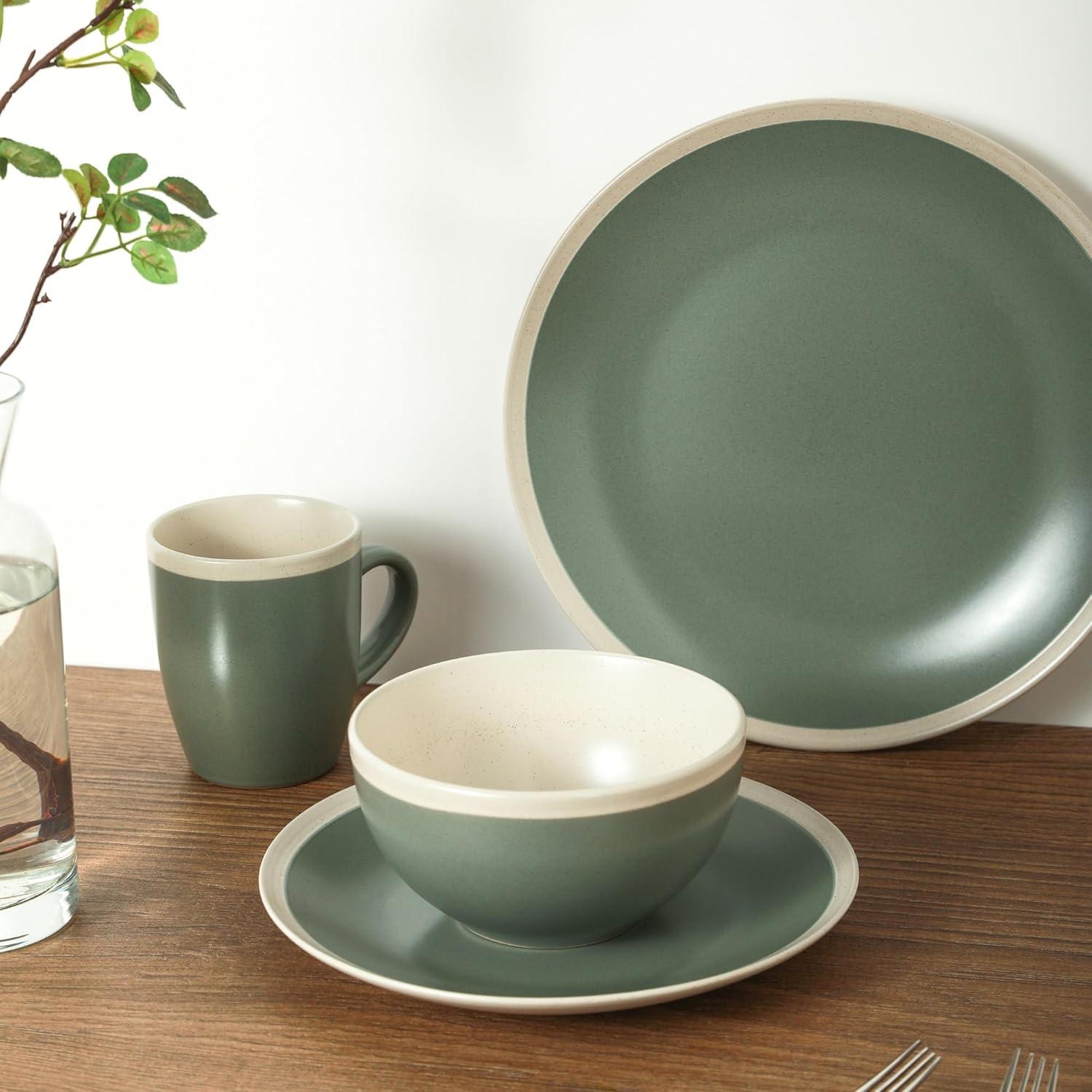 Stone Lain Serenity 16-Piece Stoneware Dinnerware Set, Service for 4, Green and Cream