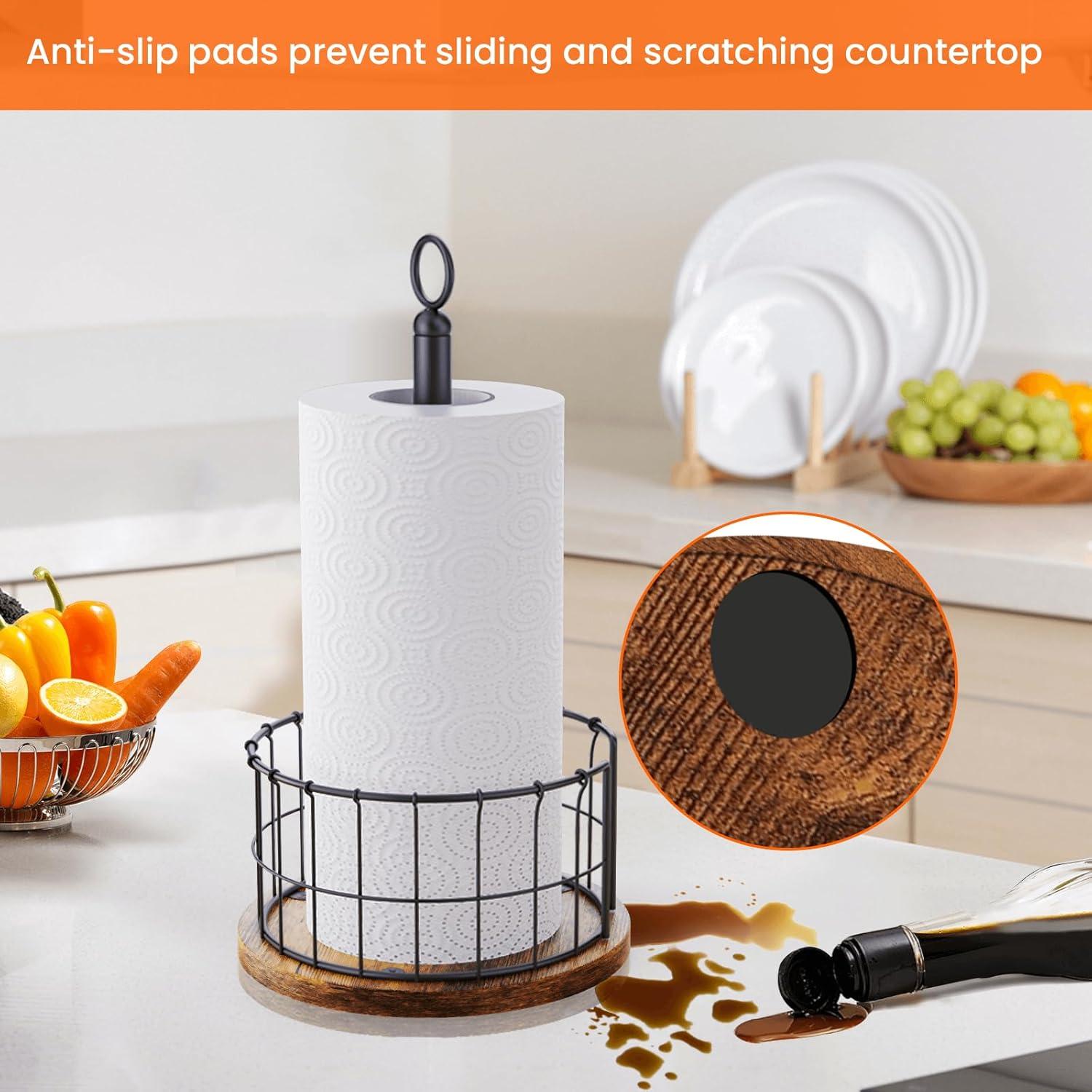 One Allium Way® Paper Towel Holder Countertop, Standing Paper Towel Roll Holder For Bathroom, Paper Towel Rack With Heavy Duty Wooden Base For Kitchen Counter, Fits Standard Or Jumbo-Sized Rolls,(Brown)