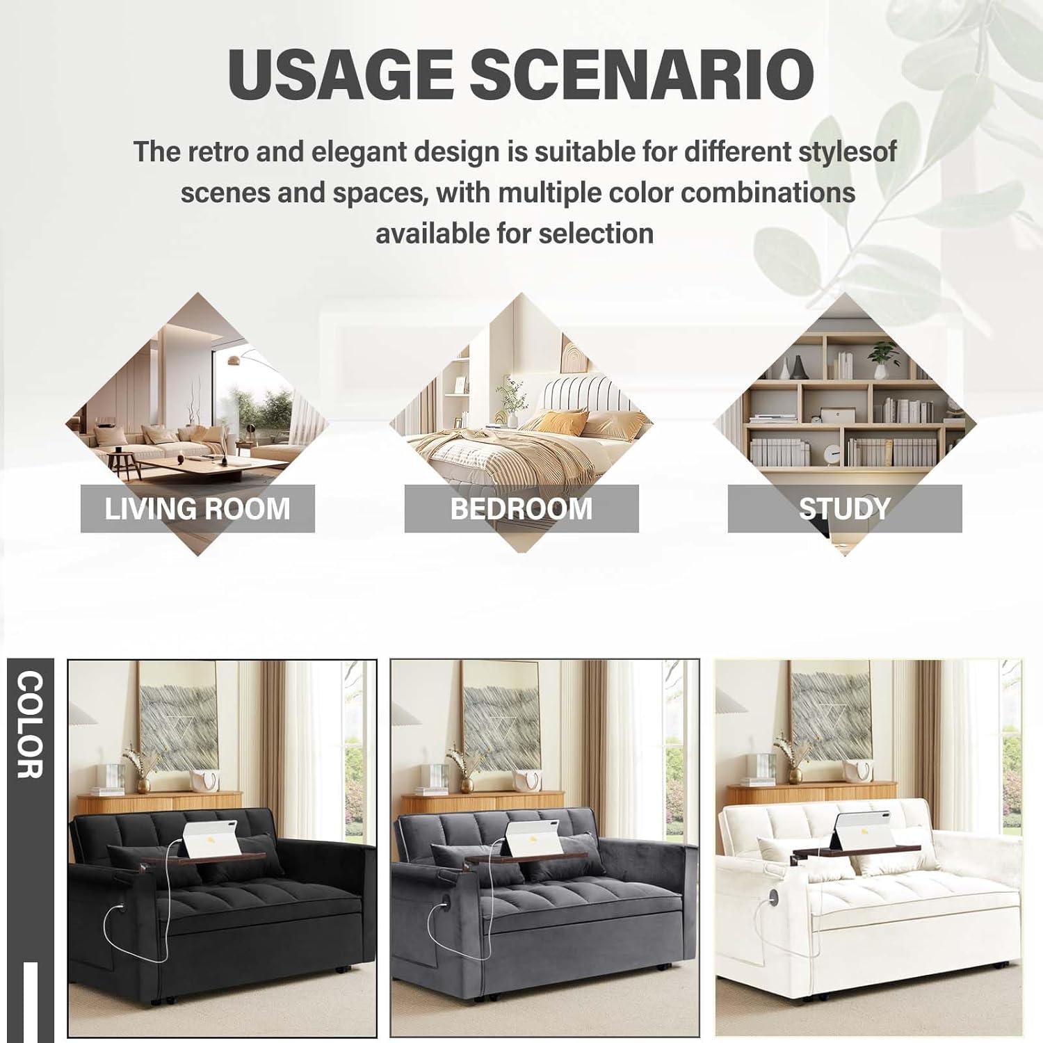Convertible Sofa Bed,3-in-1 Velvet Sleeper Couch Pull-Out Bed,55'' Loveseat Sleeper Sofa Bed with Adjustable Backrest with Pillows and Storage Bag & USB Port and Hidden Side Computer Table,Dark Gray
