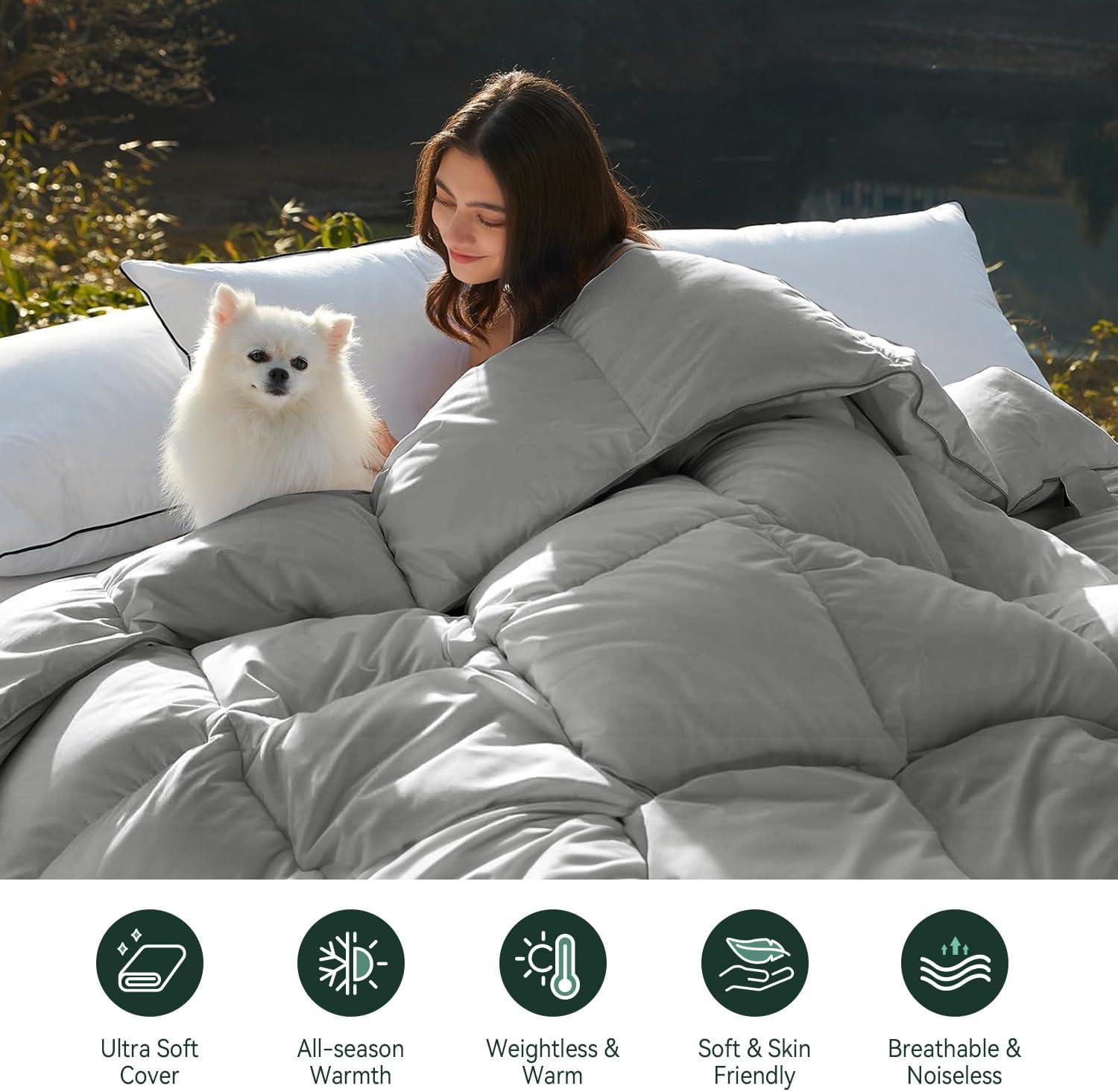 WarmKiss Queen Size Goose Feather Down Comforter – Ultra-Soft 100% Cotton Cover, Moisture-Wicking, Natural Kapok Fill, 46oz Medium Warmth, All-Season Fluffy Duvet Insert (90x90, Grey)