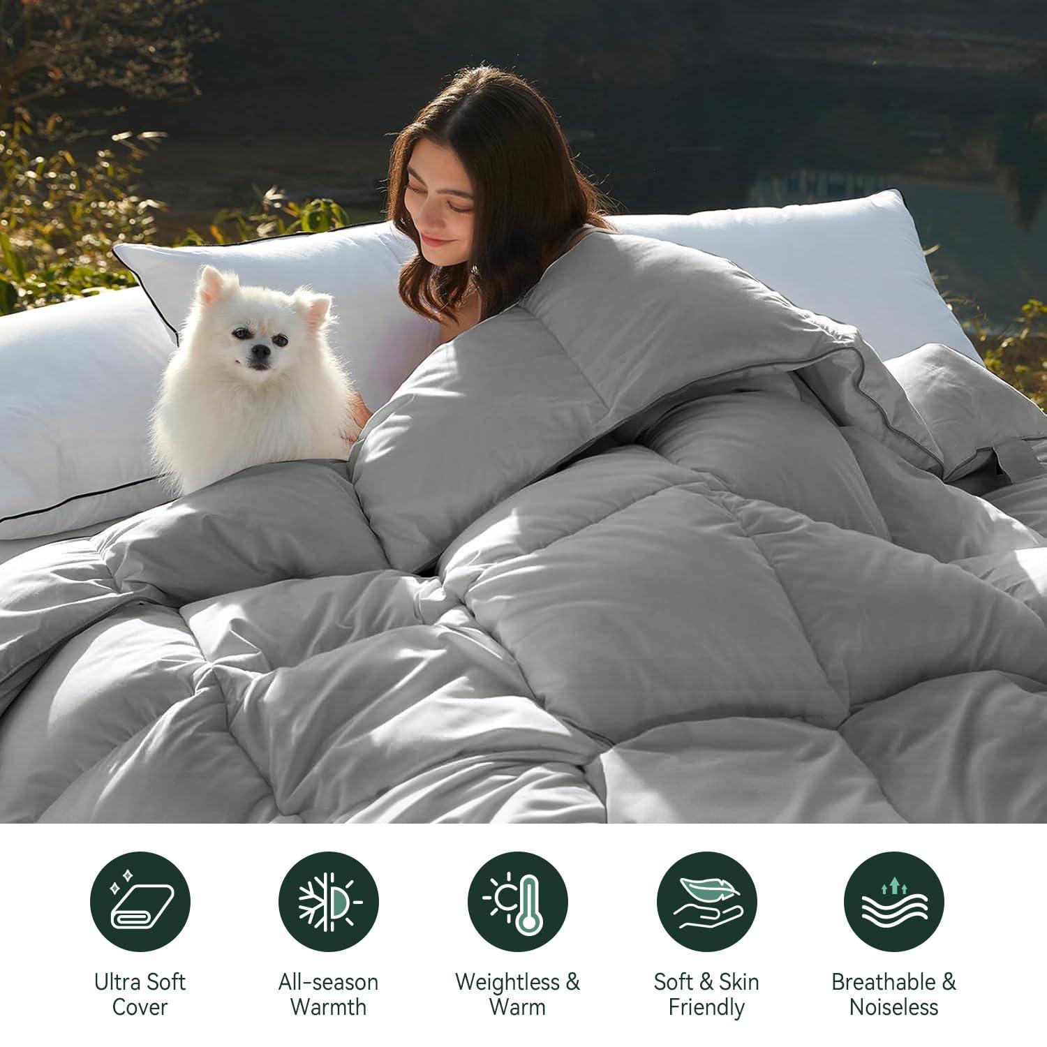 WarmKiss Queen Size Goose Feather Down Comforter – Ultra-Soft 100% Cotton Cover, Moisture-Wicking, Natural Kapok Fill, 46oz Medium Warmth, All-Season Fluffy Duvet Insert (90x90, Grey)