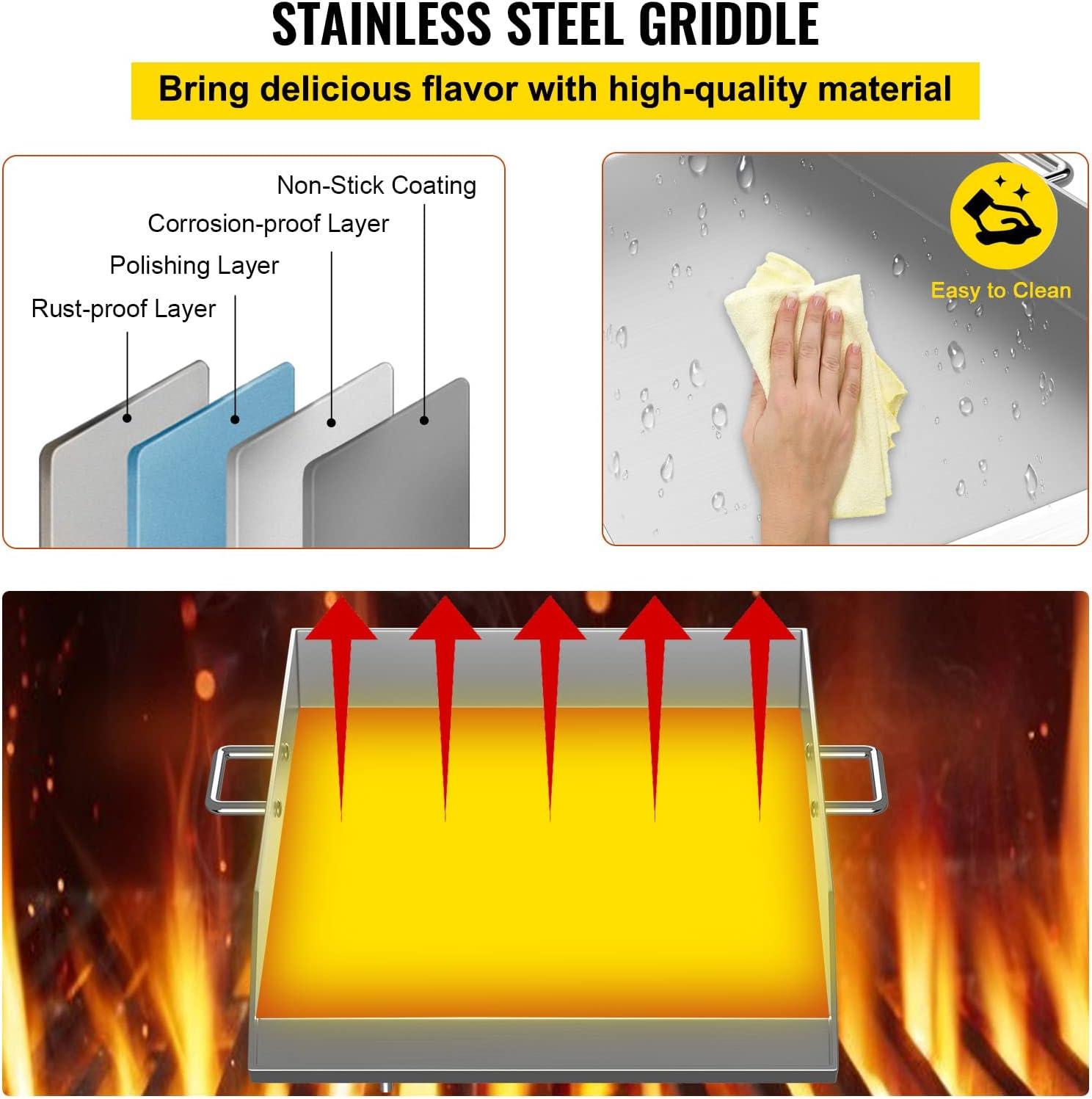 VEVORbrand Stainless Steel Griddle,18" X 16" Universal Flat Top Rectangular Plate, BBQ Charcoal/Gas Grill with 2 Handles and Grease Groove with for Camping, Tailgating and Parties