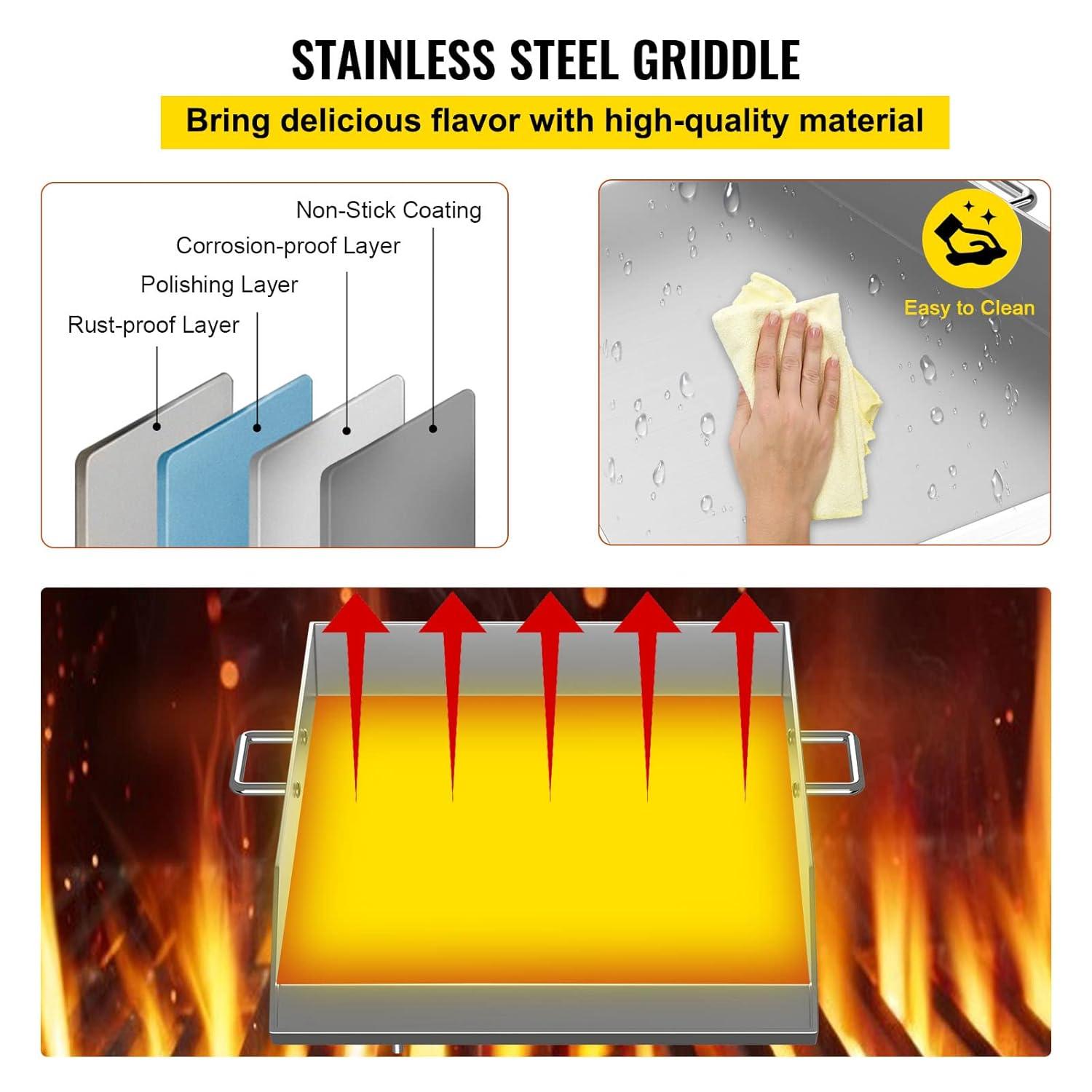 VEVORbrand Stainless Steel Griddle,18" X 16" Universal Flat Top Rectangular Plate, BBQ Charcoal/Gas Grill with 2 Handles and Grease Groove with for Camping, Tailgating and Parties