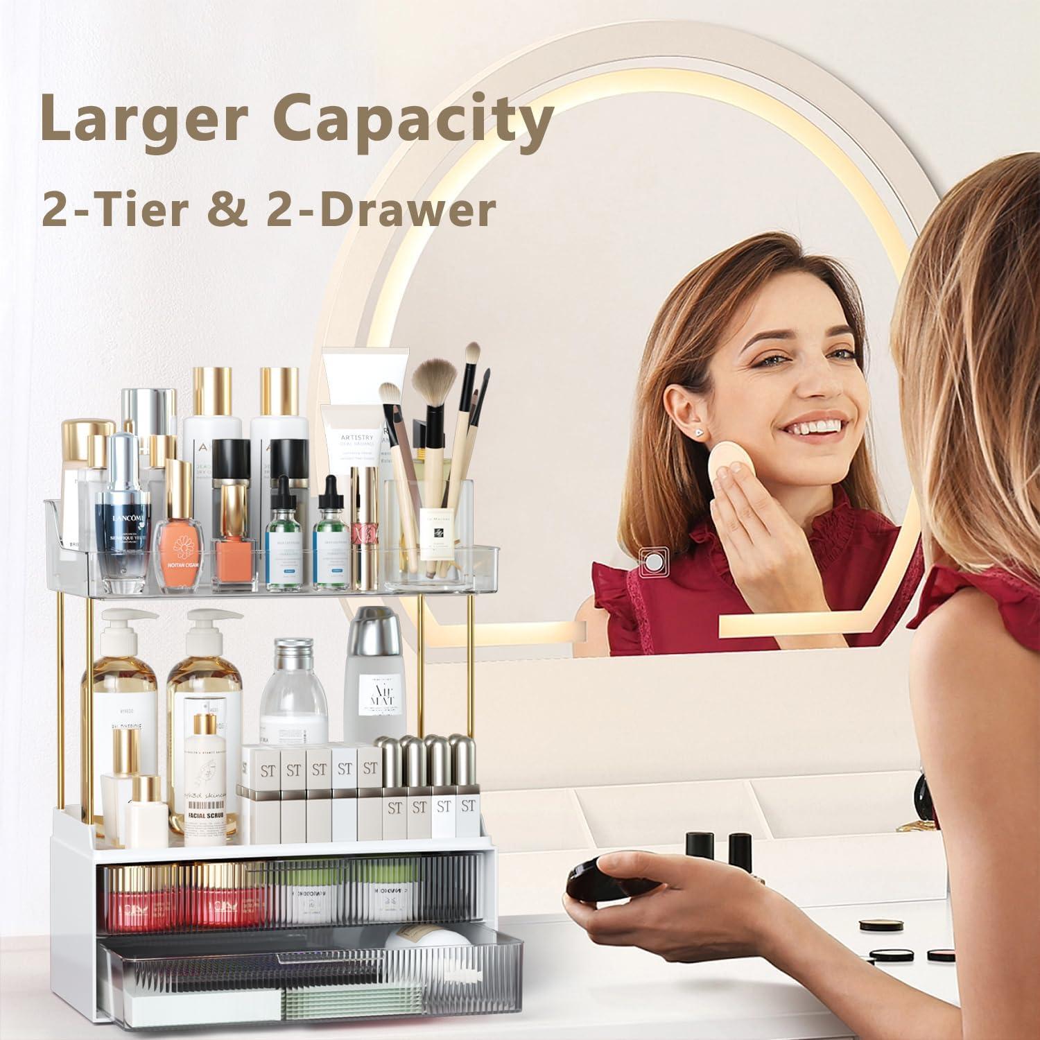 2-Tier 2-Drawer Bathroom Counter Organizer, Elegant Makeup Organizer, Easy To Install, Suitable As Bathroom Organizers And Storage, Vanity And Countertop Organizer