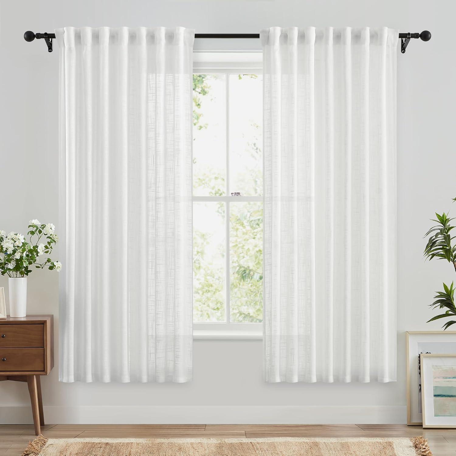 White Linen Semi-Sheer Light-Filtering Rod Pocket Curtains, 63" Length