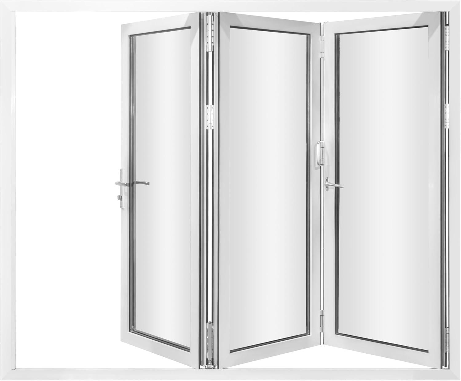 KaMic 96" x 80" 3 Panels Aluminum Folding Doors In White, Folded Out From Right To Left