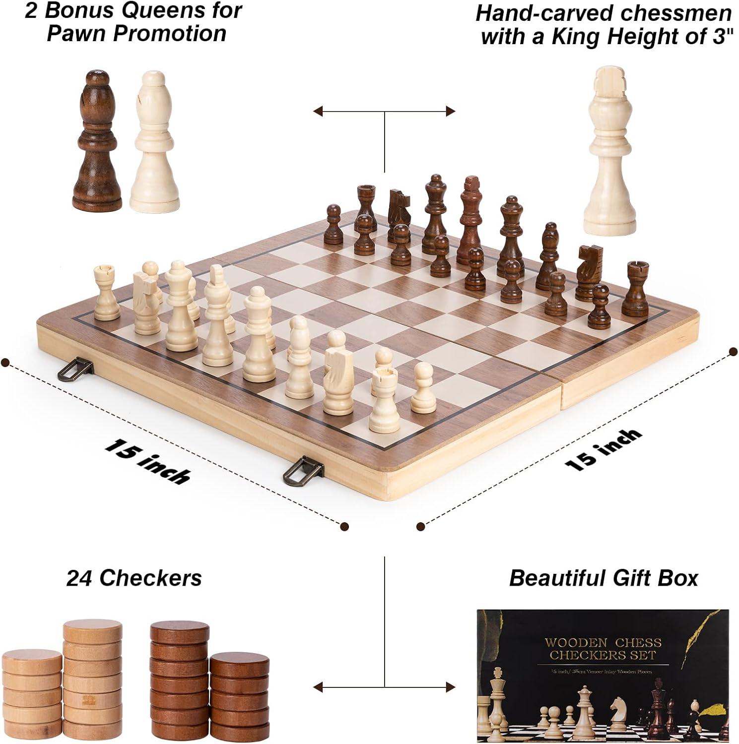 15" Folding Wooden Chess Set with Hand-Carved Pieces