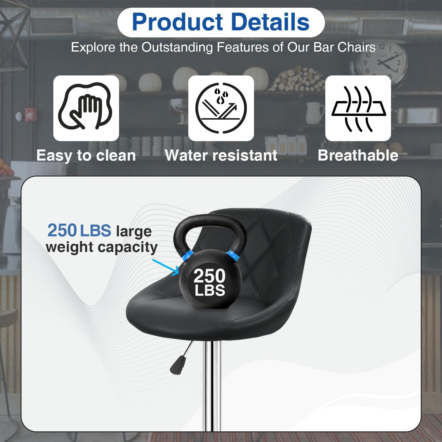 MarketLane Bar Stools Set of 2,Modern PU Leather,Armless with Backrest Swivel Bar Stools,Height Adjustable Swivel Barstool Hydraulic Island Bar Stools Armless Kitchen Counter Bar Chairs,Black