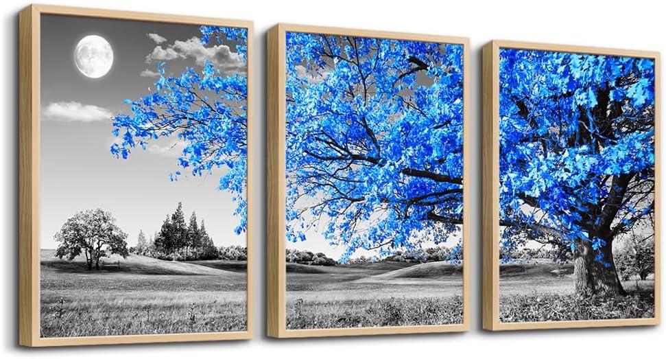 Wall Art For Living Room black and white Blue tree moon Canvas Wall Decor for Home artwork Painting 12" x 16" 3 Pieces Canvas Print For bedroom Decor Modern Salon kitchen office Hang a picture