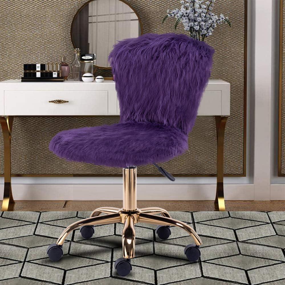 Purple Faux Fur Mid-Back Swivel Vanity Chair with Gold Legs