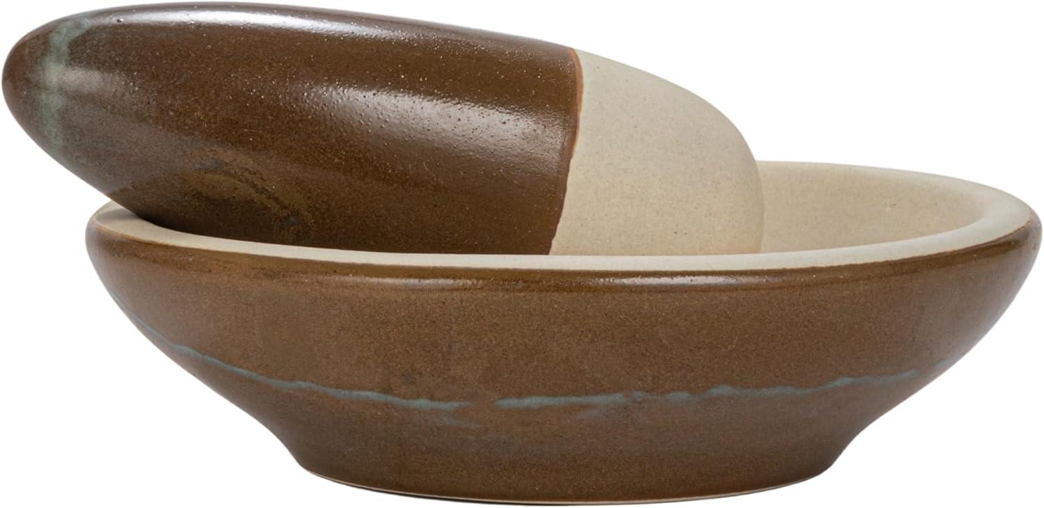 Small Brown and Cream Ceramic Mortar and Pestle