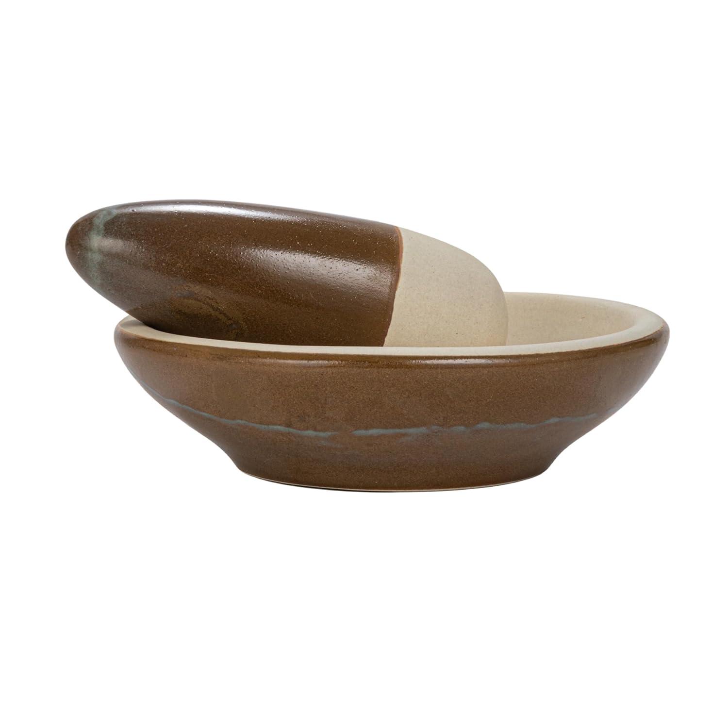 Small Brown and Cream Ceramic Mortar and Pestle