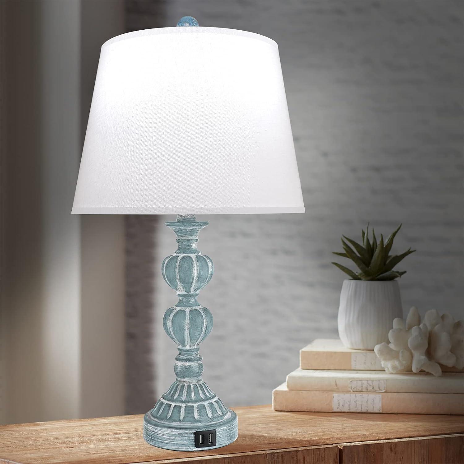 White Fabric Shade Blue Table Lamp Set with USB Ports