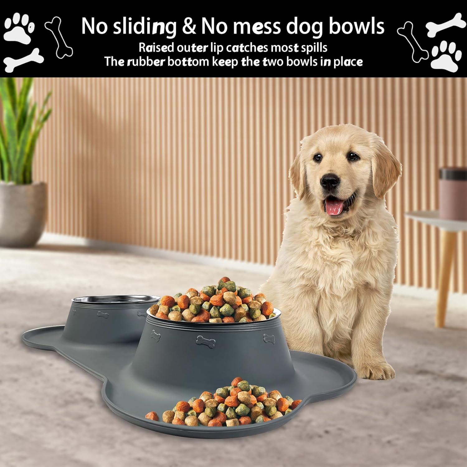 AsFrost Dog Food Bowls Stainless Steel Dog Food & Water Bowl Set with No Spill No Slip Silicone Mat, Dog Dishes for Small Medium Size Dogs Pet Cat Puppy Food Feeding Bowls, Grey, 24oz, 3 Cup