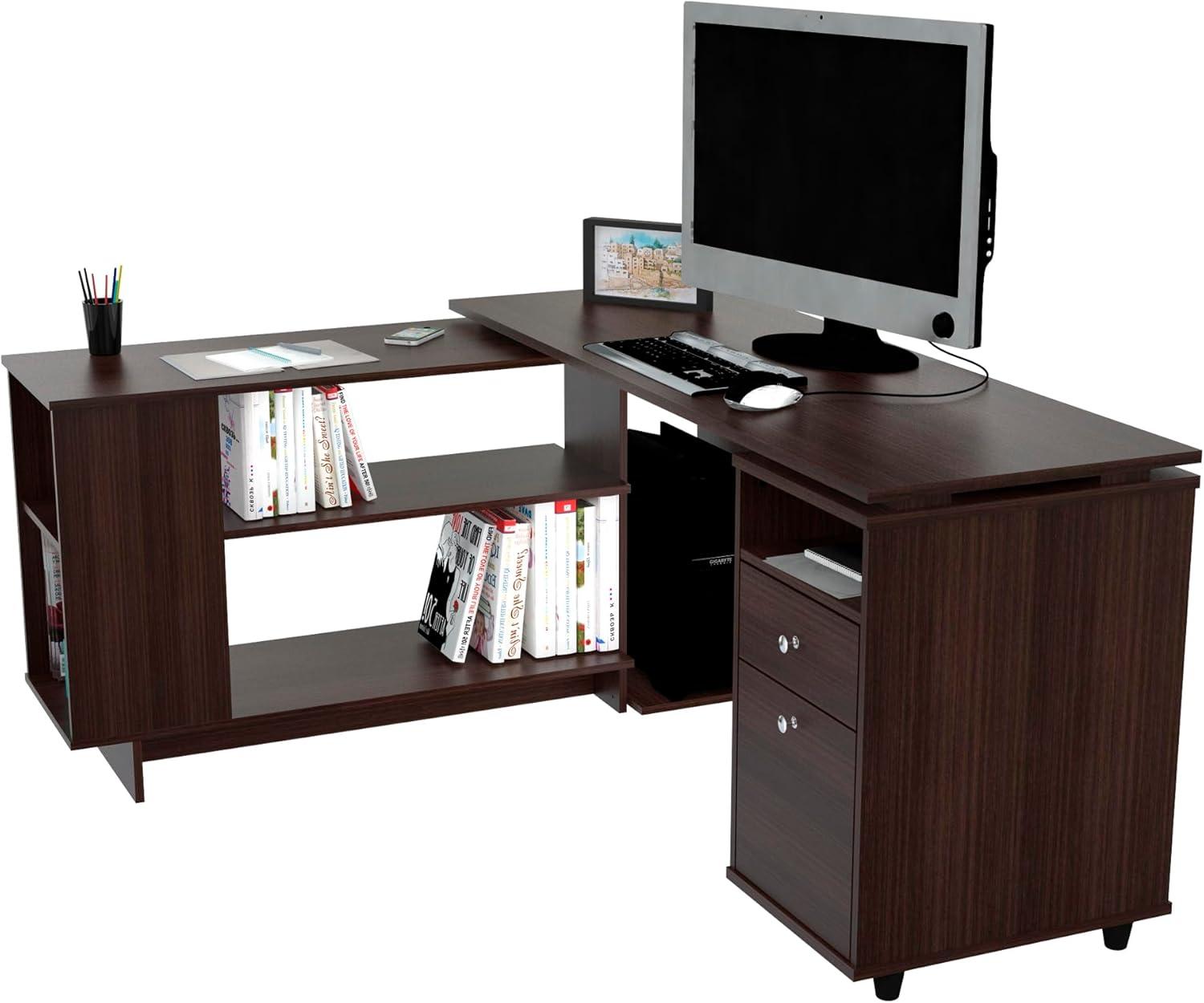 Inval L-Shaped Reversible Computer Desk, Espresso
