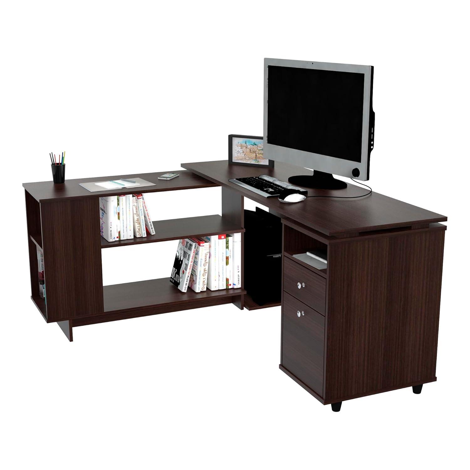 Inval L-Shaped Reversible Computer Desk, Espresso