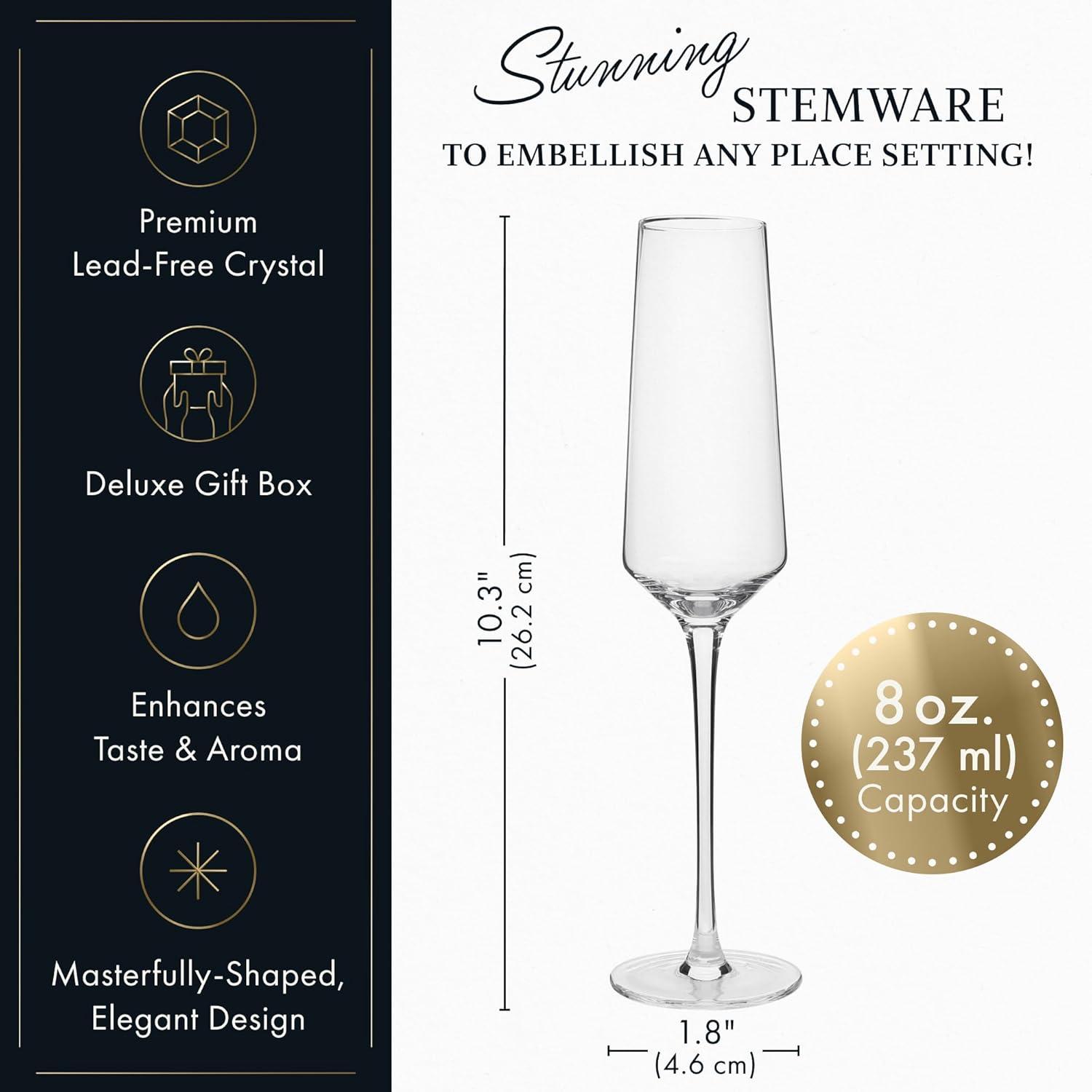 Elixir Glassware Elegant Hand-Blown Crystal Champagne Flutes - Set of 2, Lead-Free Premium Crystal - Ideal for Wedding, Anniversary, Christmas Celebrations - 8oz, Clear