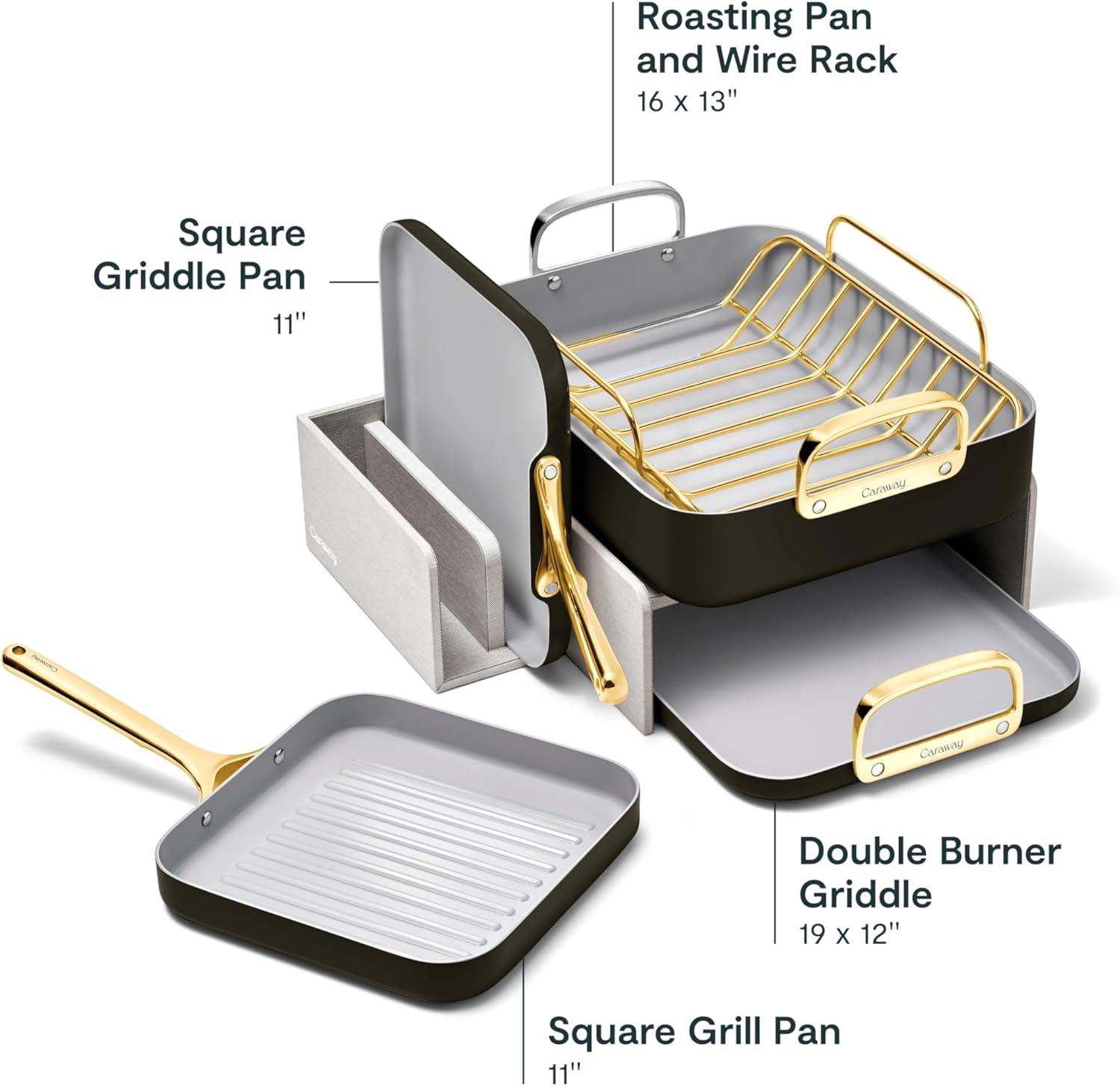 Caraway Home 7pc Square Cookware Set Marigold: Nonstick Ceramic, Silicone Polyester, Electric & Gas Compatible