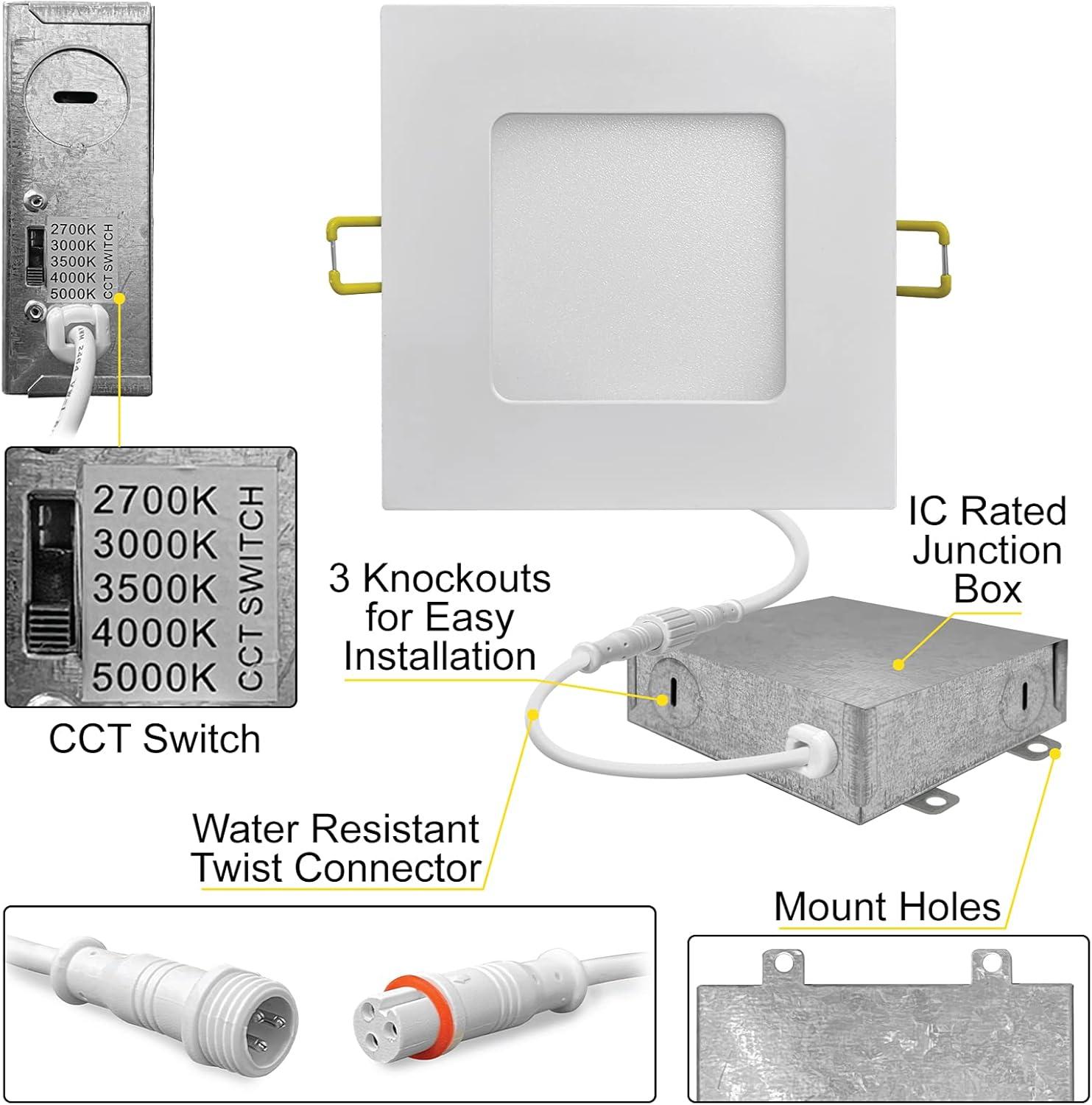 4 in. Slim Canless Square LED Recessed Light 12W 5CCT Dimmable IC Rated 550LM Black Trim 12PK