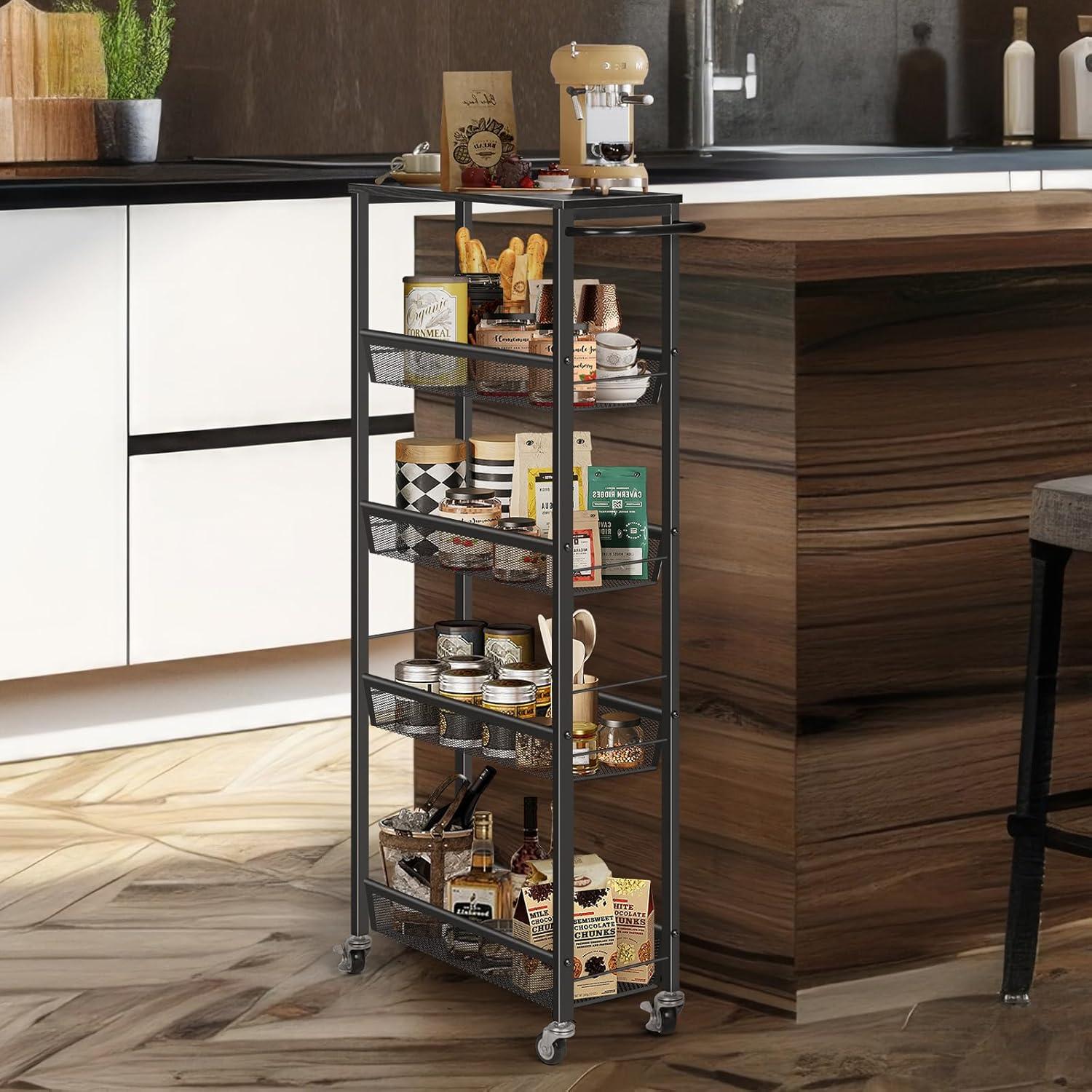 Black Metal and Particleboard 5-Tier Slim Kitchen Cart with Wheels