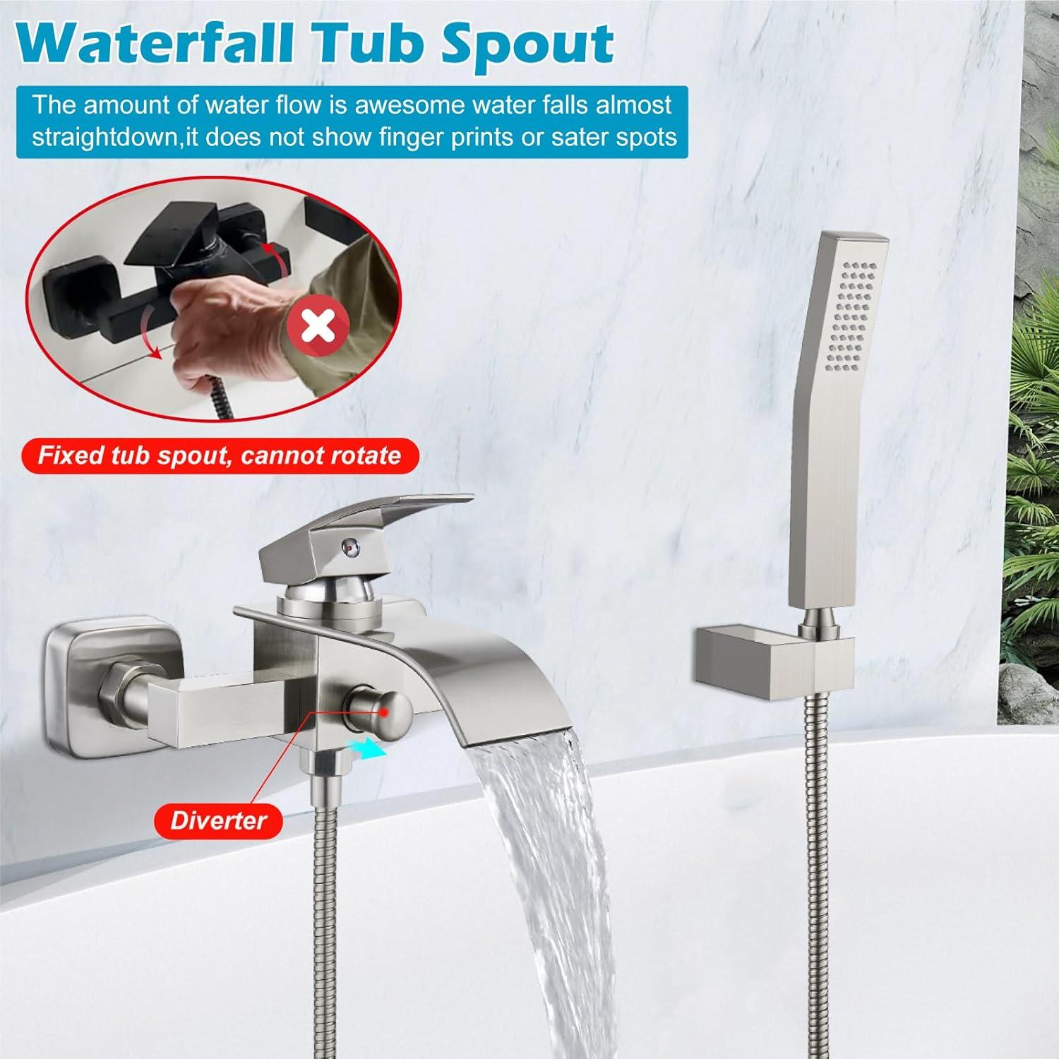 Midanya Wall Mount Bathtub Faucet with Handheld Spray Waterfall Tub Filler Single Handle Bathroom Tub Mixer Tap Hand-Shower System with Curved Spout Commercial,Brushed Nickel