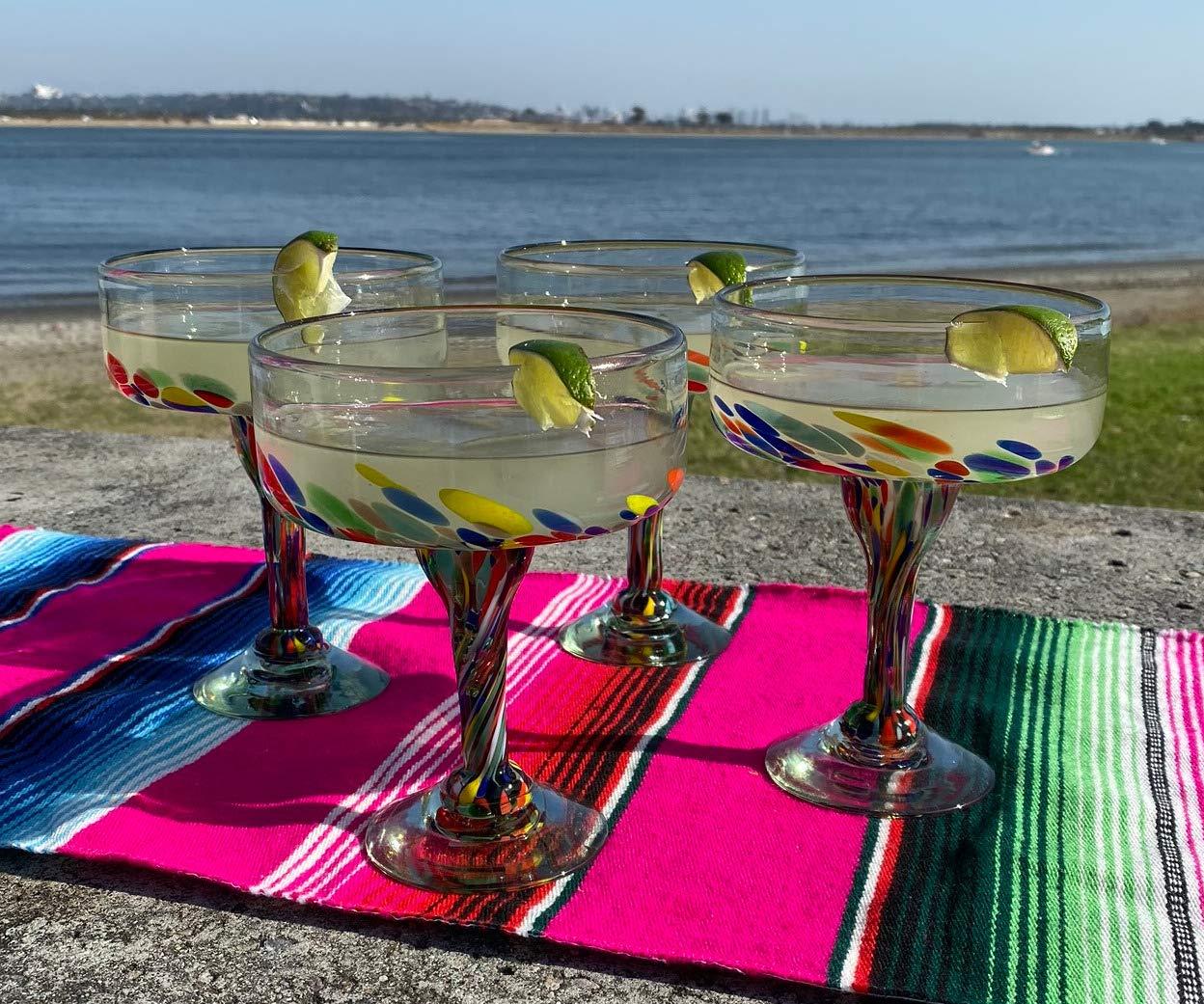 Dos Sueños Mexican Hand Blown Margarita Glasses - Confetti Carmen Design - 16oz - Set of 4