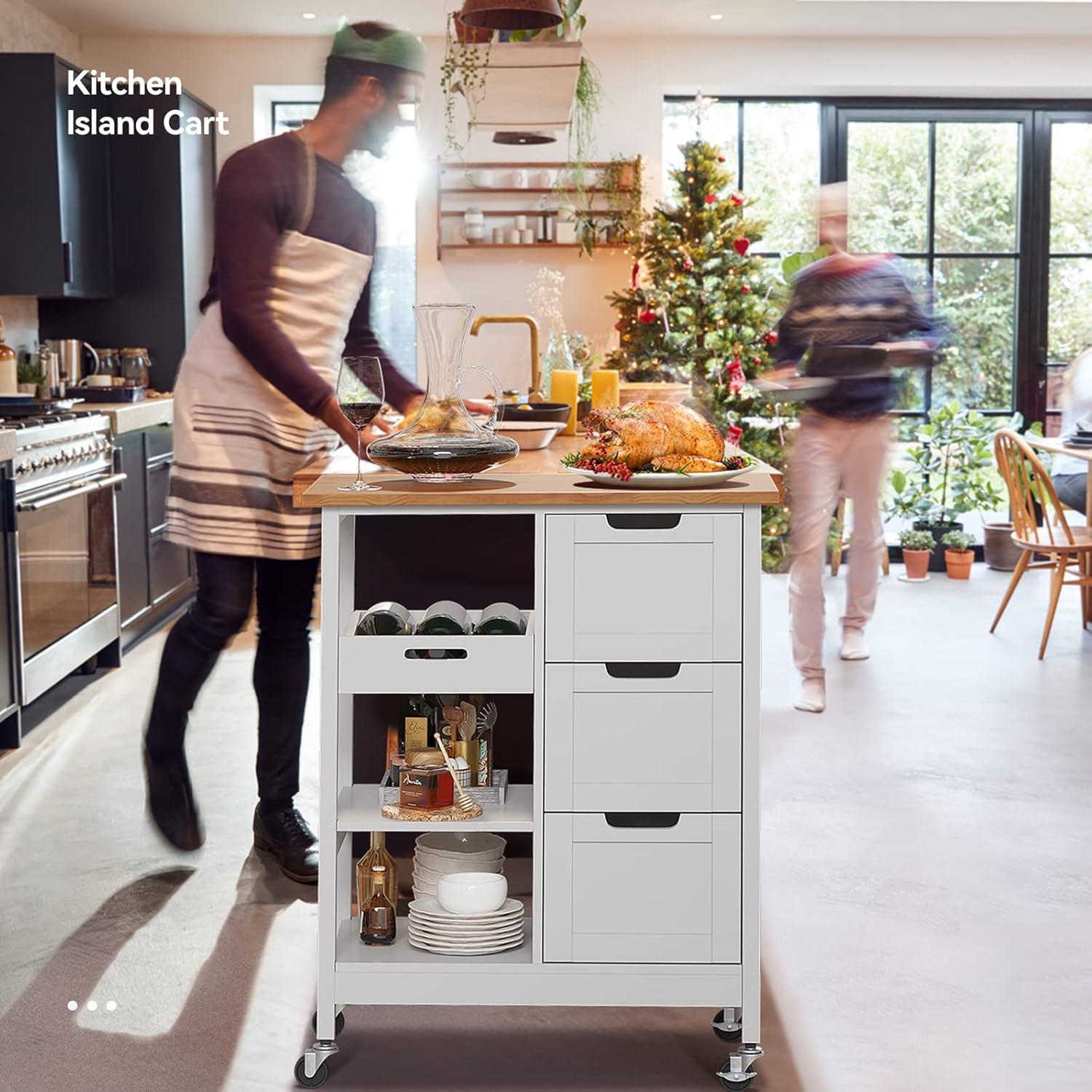 Small Solid Wood Top Kitchen Island Cart on Wheels with Storage, Rolling Portable Dining Room Serving Utility Carts Mobile Movable with 3 Drawers Cabinet, Oak & White