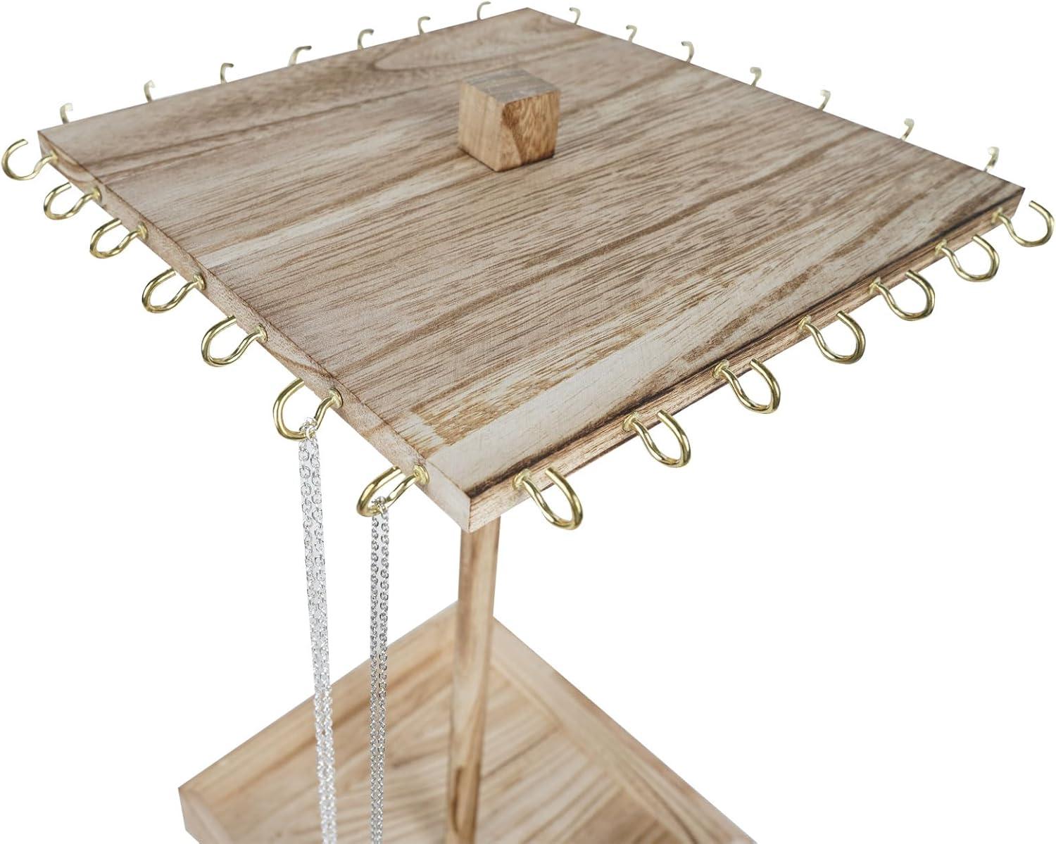 Natural Wood Rotating Jewelry Stand with 28 Hooks