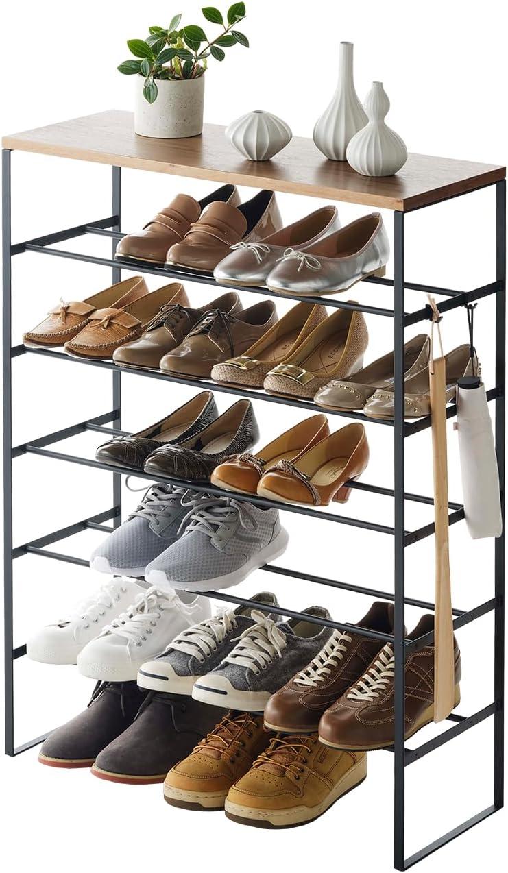 Sleek 6-Tier Black Metal Shoe Rack with Wood Top