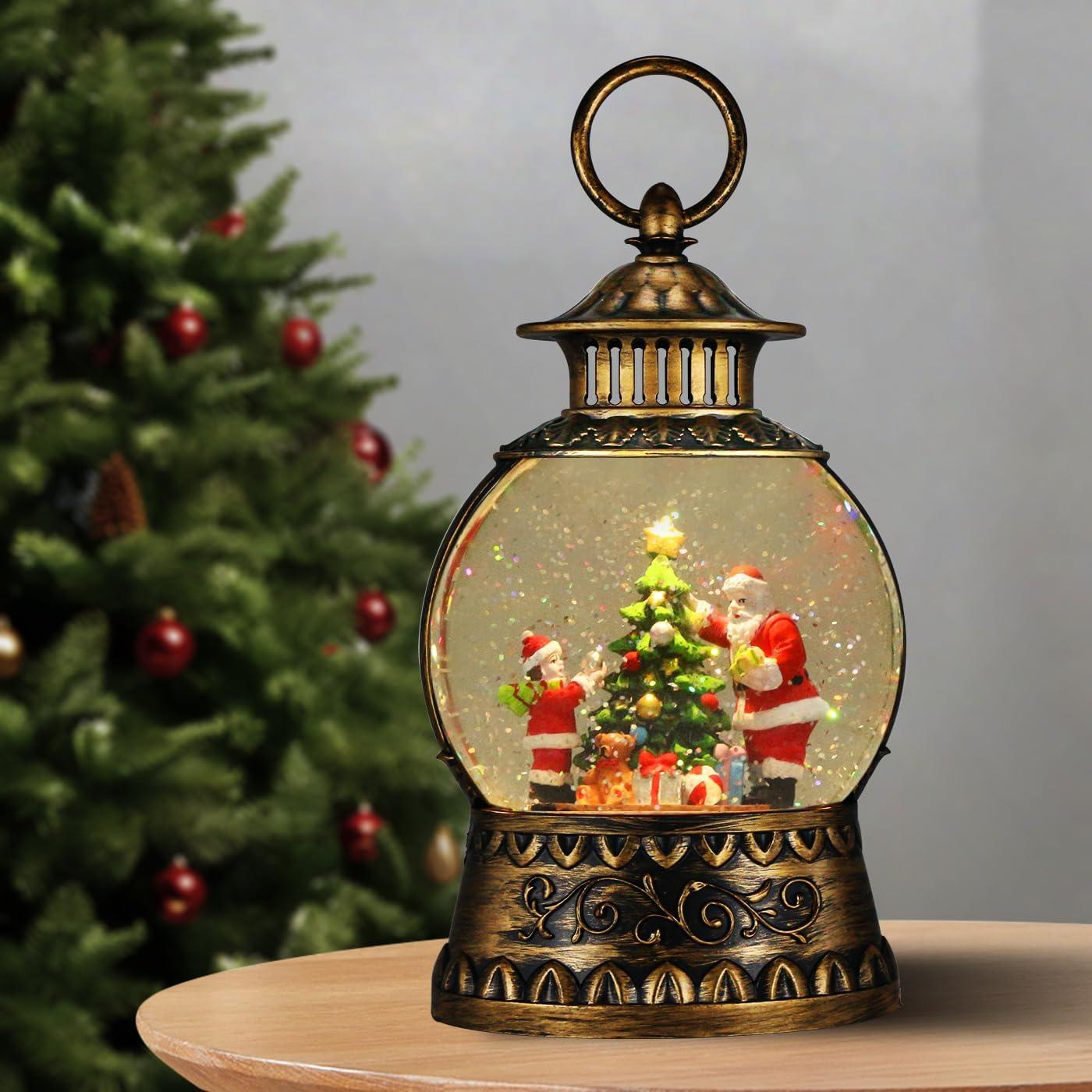 Vintage Brass Musical Santa Christmas Snow Globe Lantern