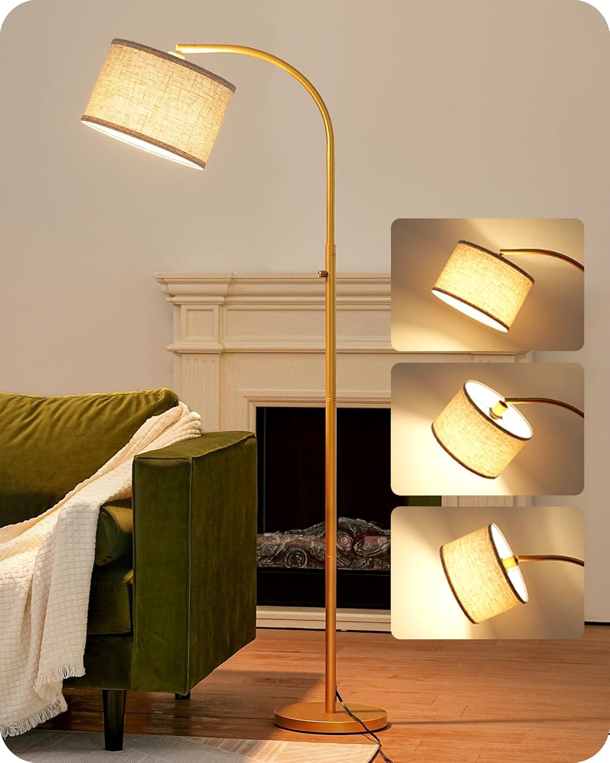 EDISHINE Modern Arc Floor Lamp with Beige Linen Drum Shade & Heavy Base, Dimmable Black Reading Light, Remote Control Bulb Included, Tall Standing Lamp for Reading, Office, Lighting